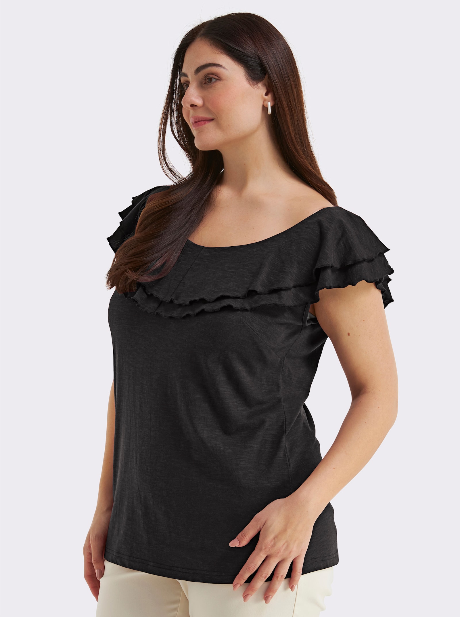 sheego Carmenshirt mit breitem Volant - schwarz