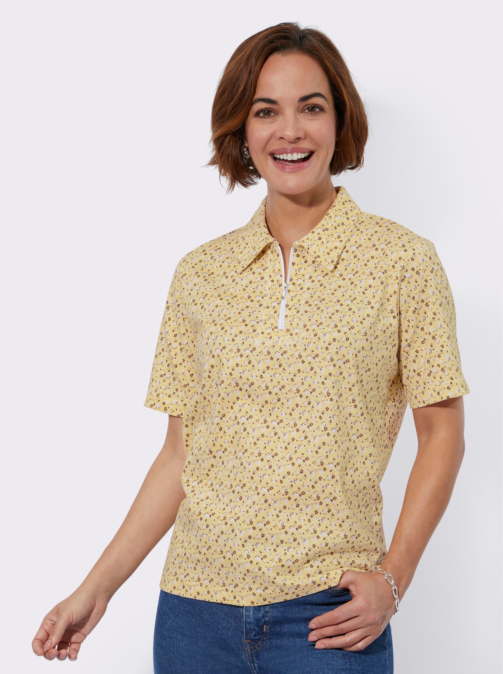 Poloshirt aus Baumwolle, bedruckt - vanille-weiß-bedruckt