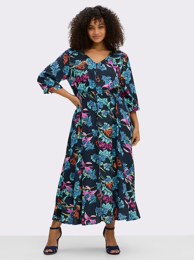 sheego by Joe Browns A-Linien-Kleid mit buntem Blumenprint - tiefblau-türkis-gemustert