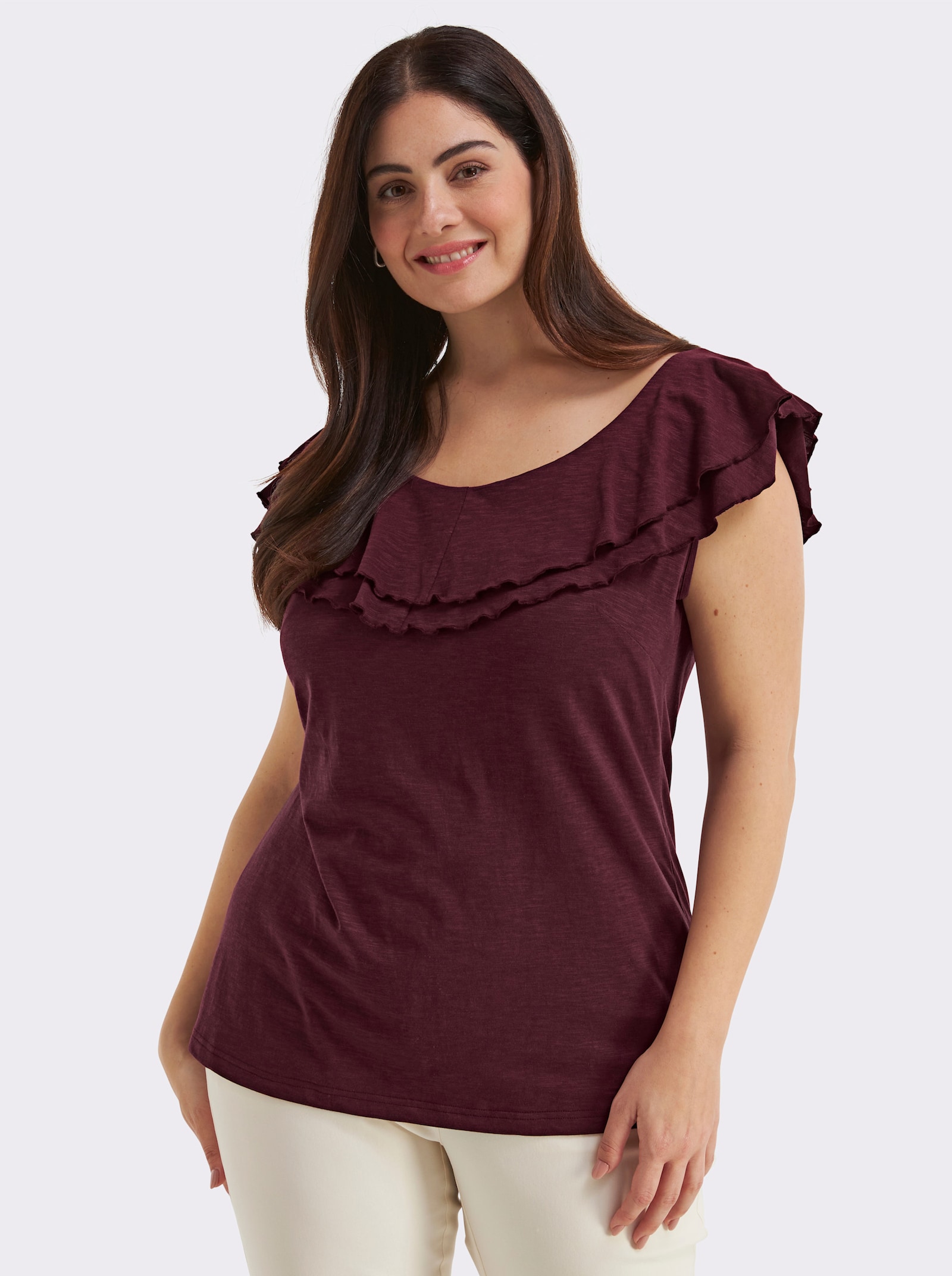 sheego Carmenshirt mit breitem Volant - burgund