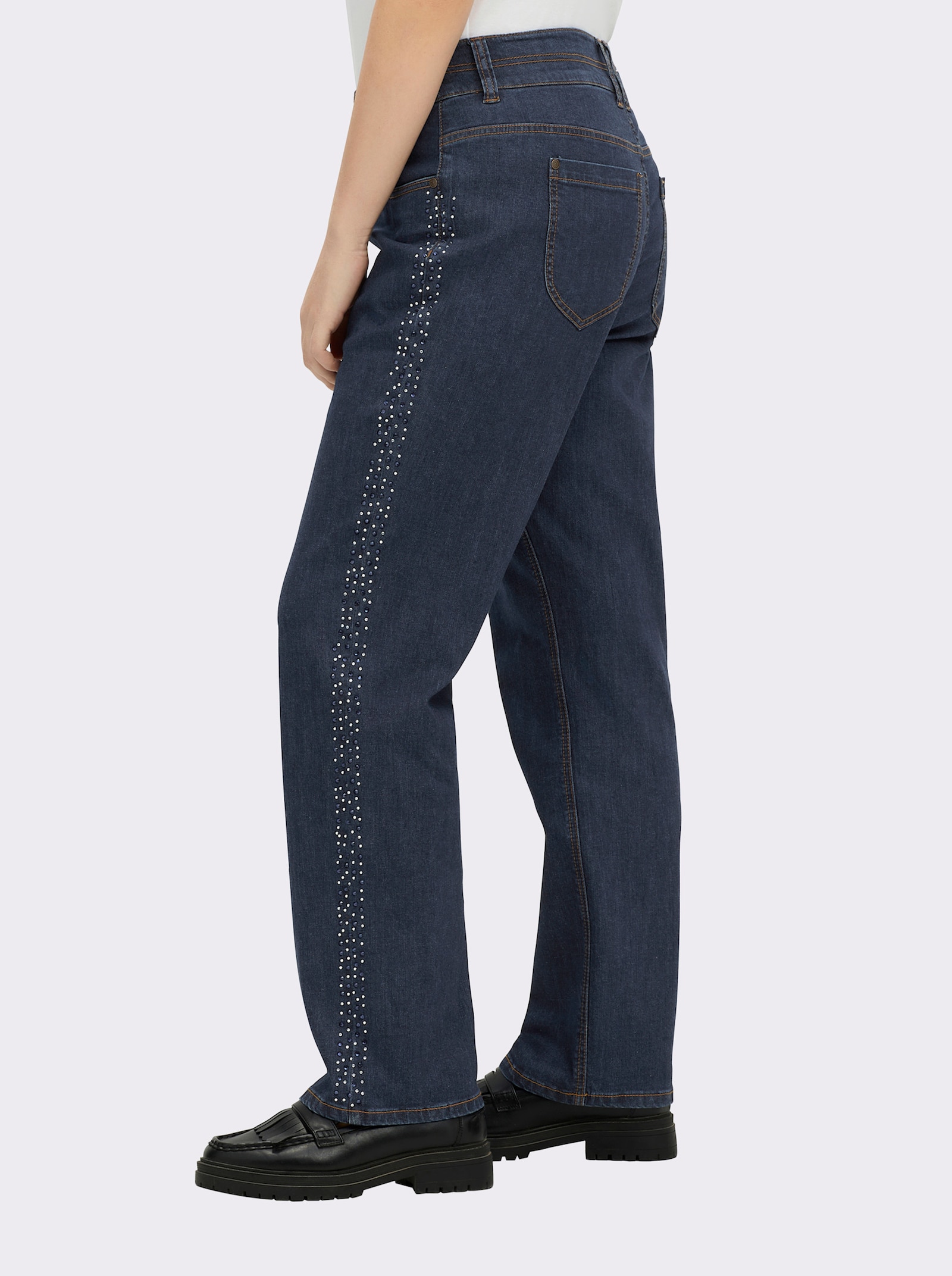 sheego Gerade Jeans mit Glitzersteinchen seitlich - dark blue