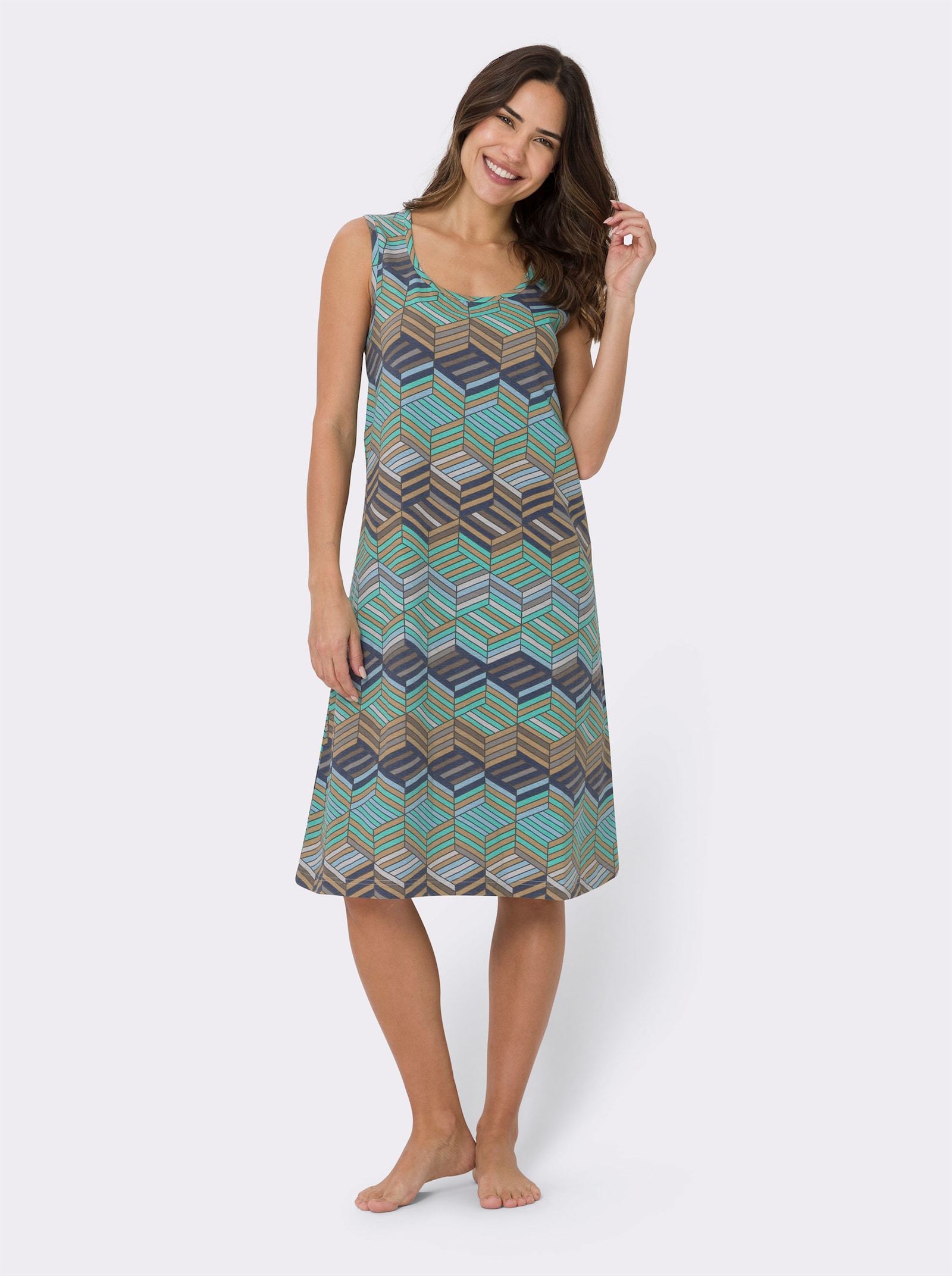 Sommerkleid mit Rundhals-Ausschnitt - blaugrün-bedruckt