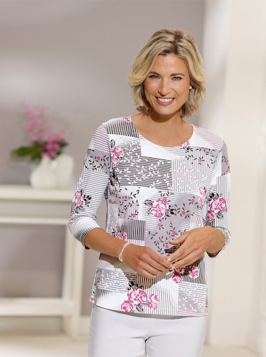 Kurzarmshirt mit Patch-Muster, Baumwolle - rosé-steingrau-bedruckt
