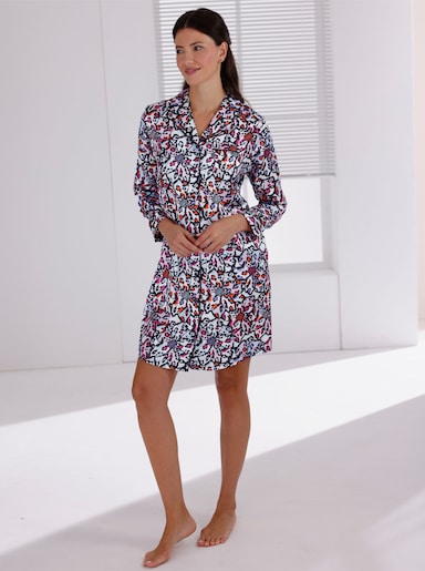 wäschepur Langarm-Sleepshirt mit durchgehender Knopfleiste - schwarz-fuchsia-bedruckt