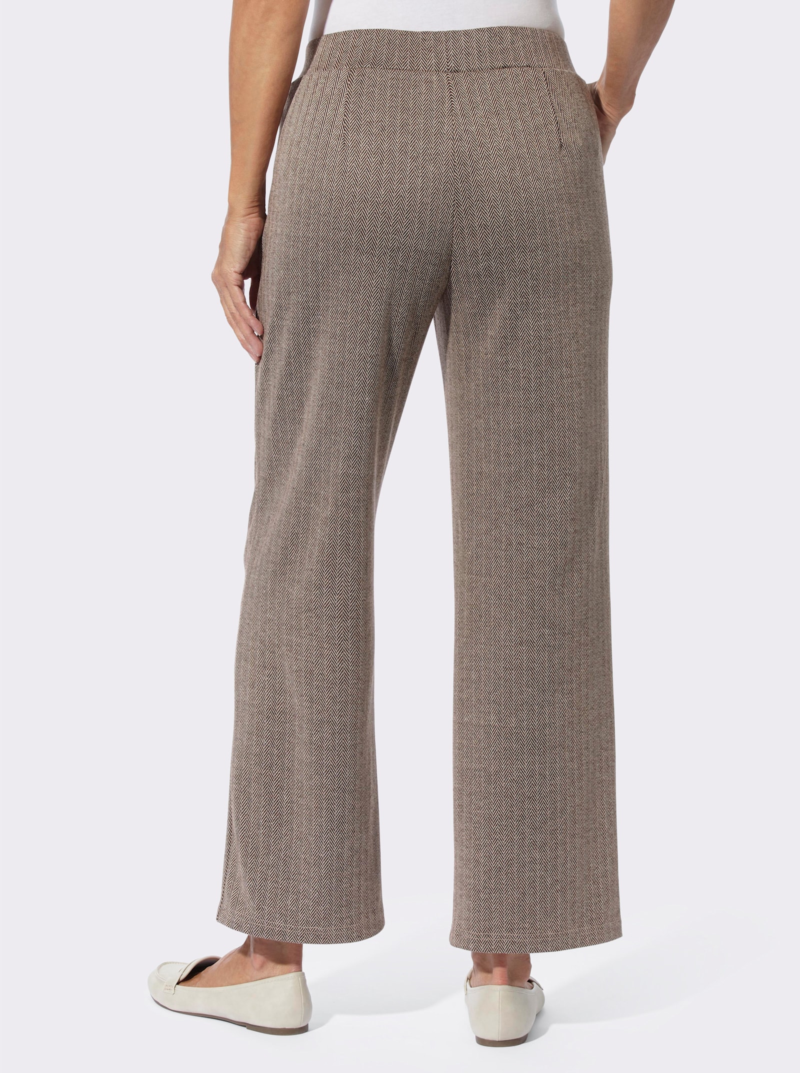 Jerseybroek in wijd model - beige/choco gedessineerd