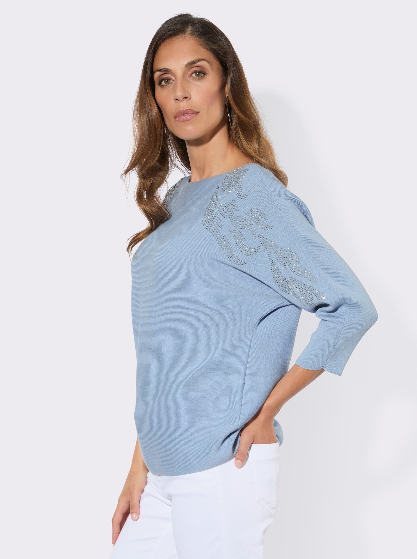 Feinstrickpullover mit Fledermaus-Ärmeln - eisblau