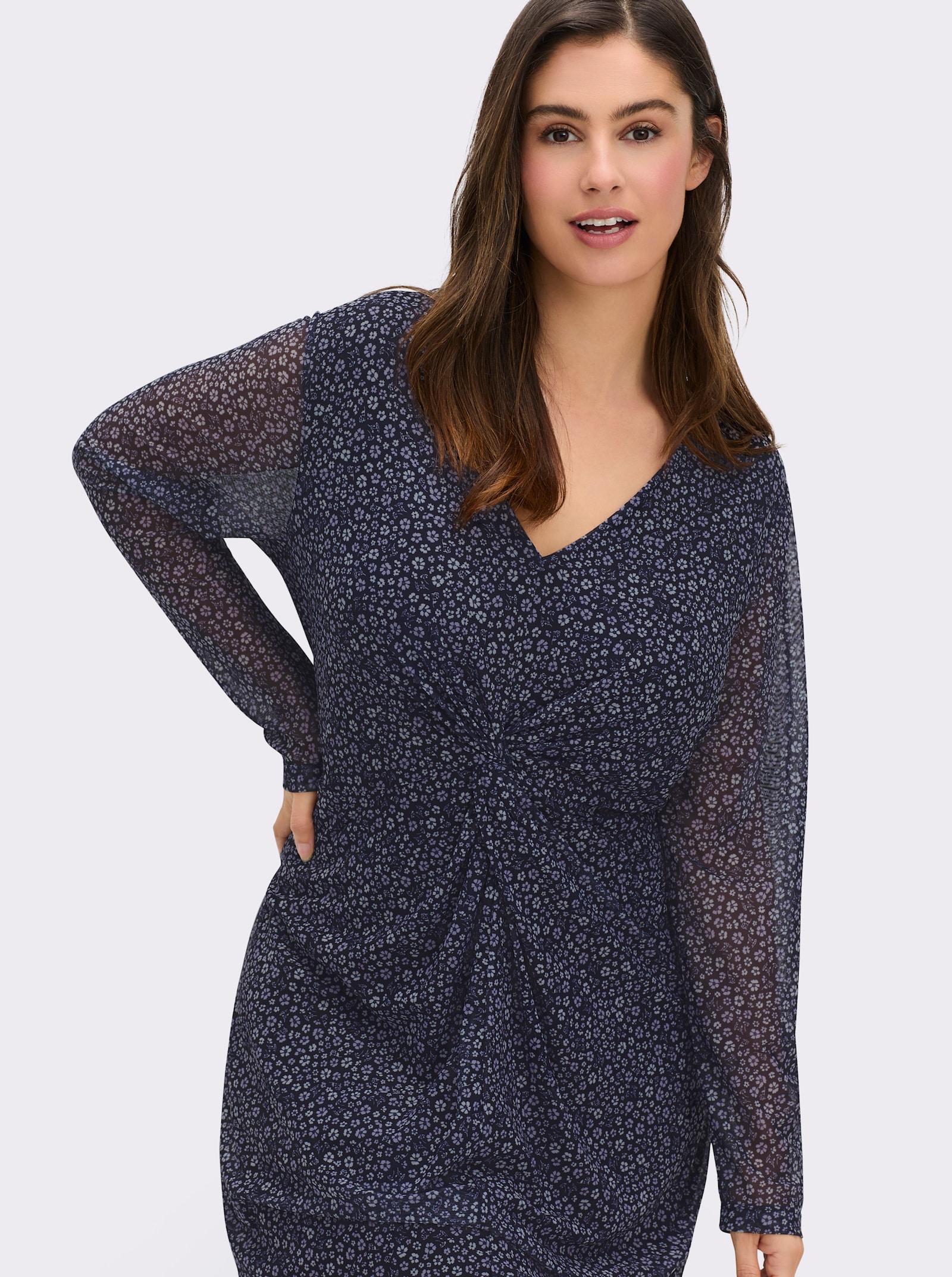 sheego Blumenkleid aus Mesh, mit Knotendetail - tiefblau-bedruckt