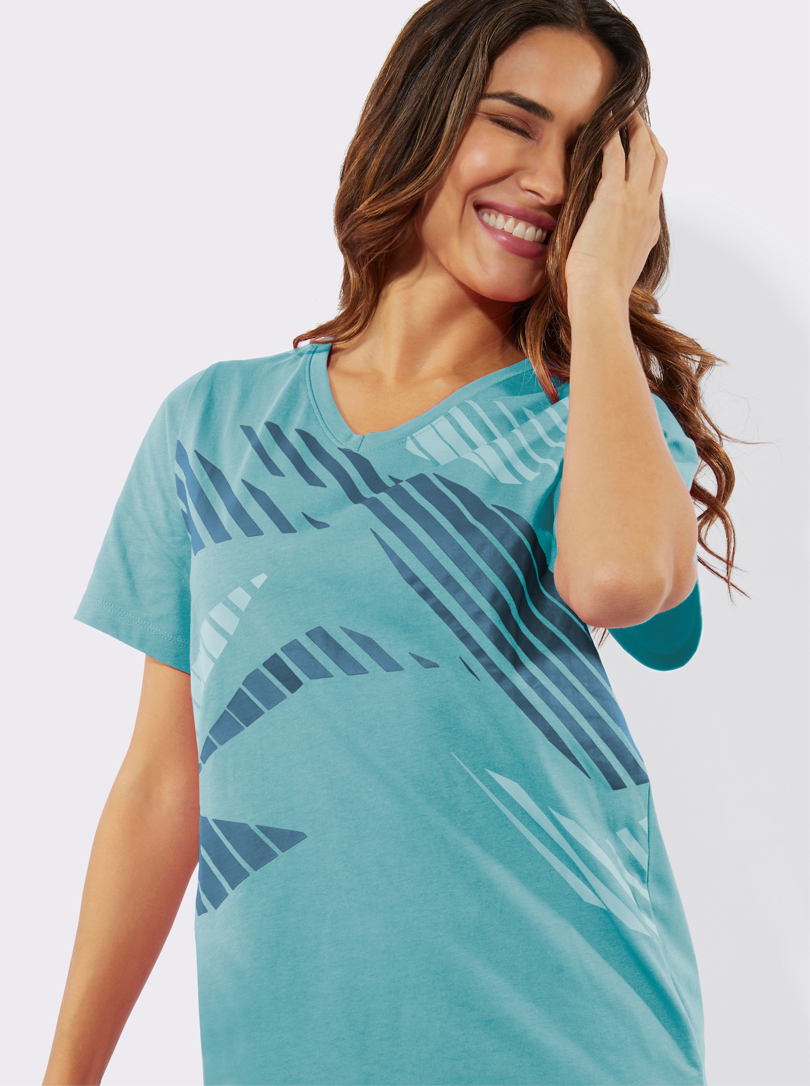 Freizeitshirt mit Seitenschlitzen - aquamarin-bedruckt