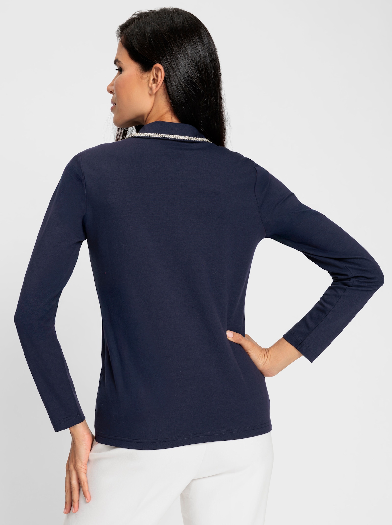 heine Langarm-Poloshirt mit Glitzersteinchen - marine