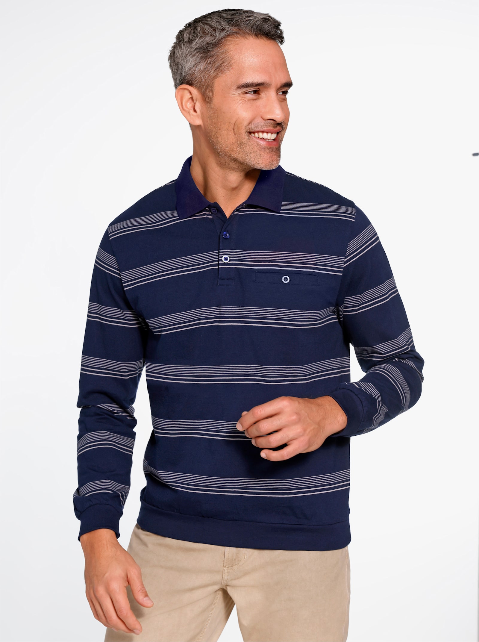 Sweatshirt met polokraag - marine/lichtgrijs gestreept