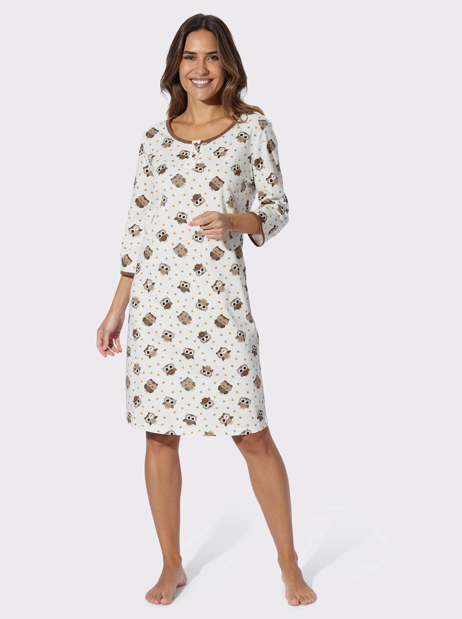 Nachthemd mit Eulen-Druck allover - ecru-braun-bedruckt