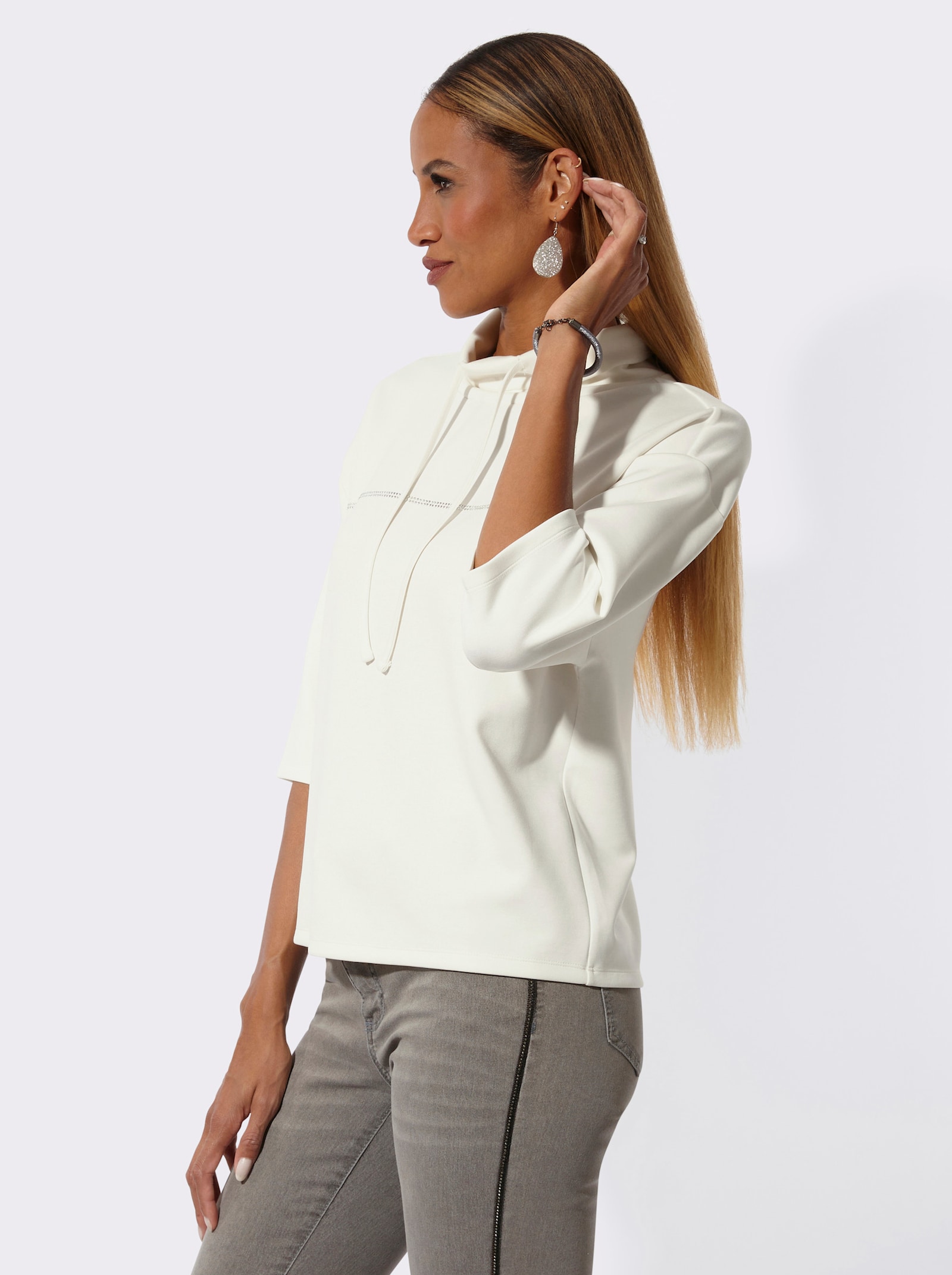 Sweatshirt mit Glitzersteinchen - ecru