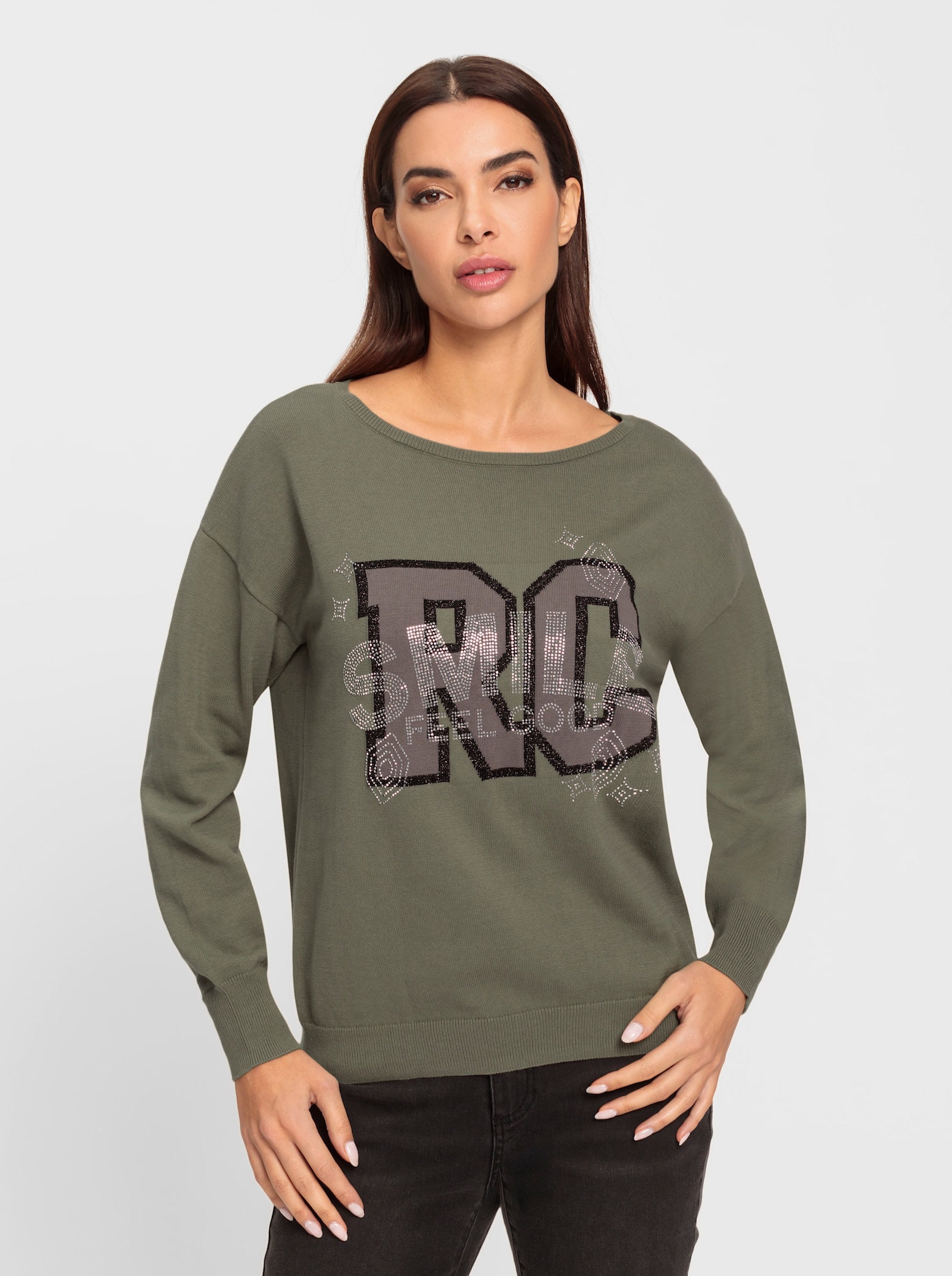 heine Pull à encolure ronde avec inscription imprimée - kaki-noir à motifs