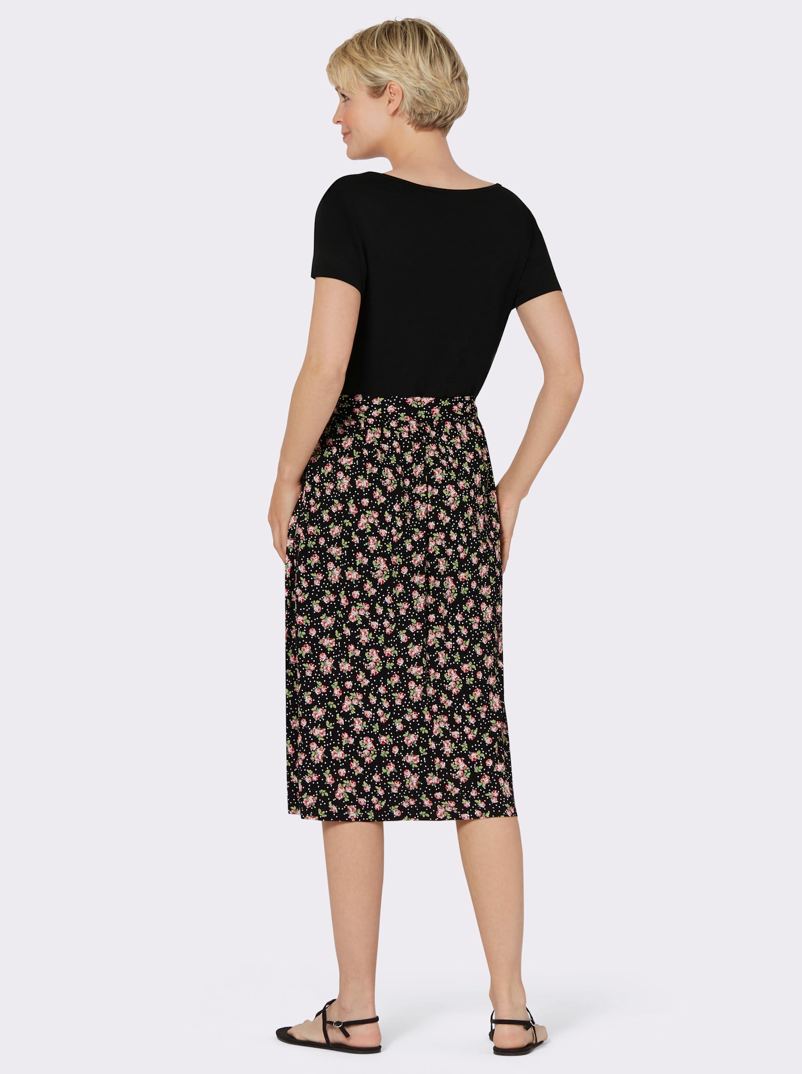 Jerseykleid mit passendem Bindegürtel - schwarz-bedruckt