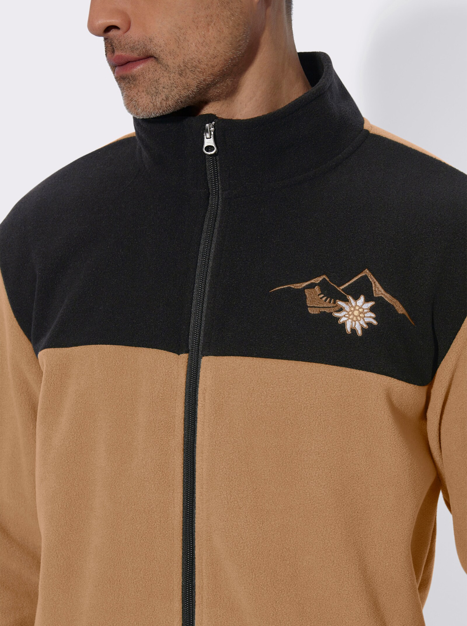 Fleecejacke mit Edelweiß-Stickerei - schwarz-camel