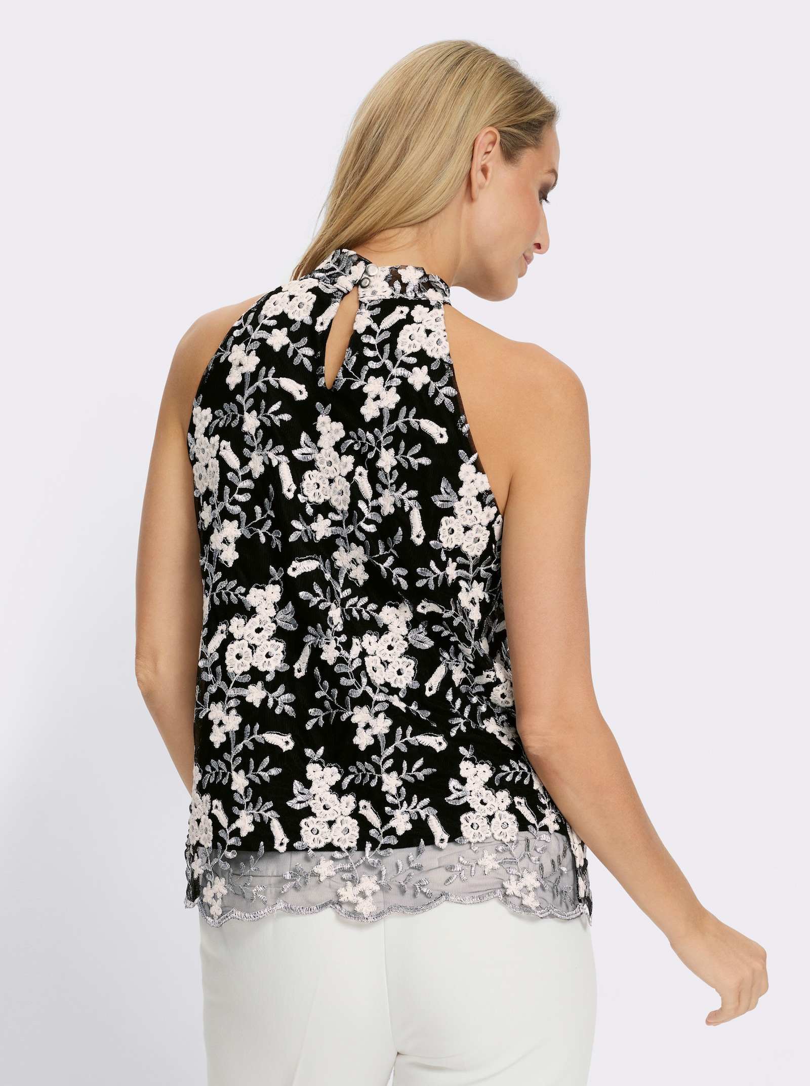 heine Spitzentop mit Knopfverschluss im Nacken - schwarz-silberfarben-gemustert