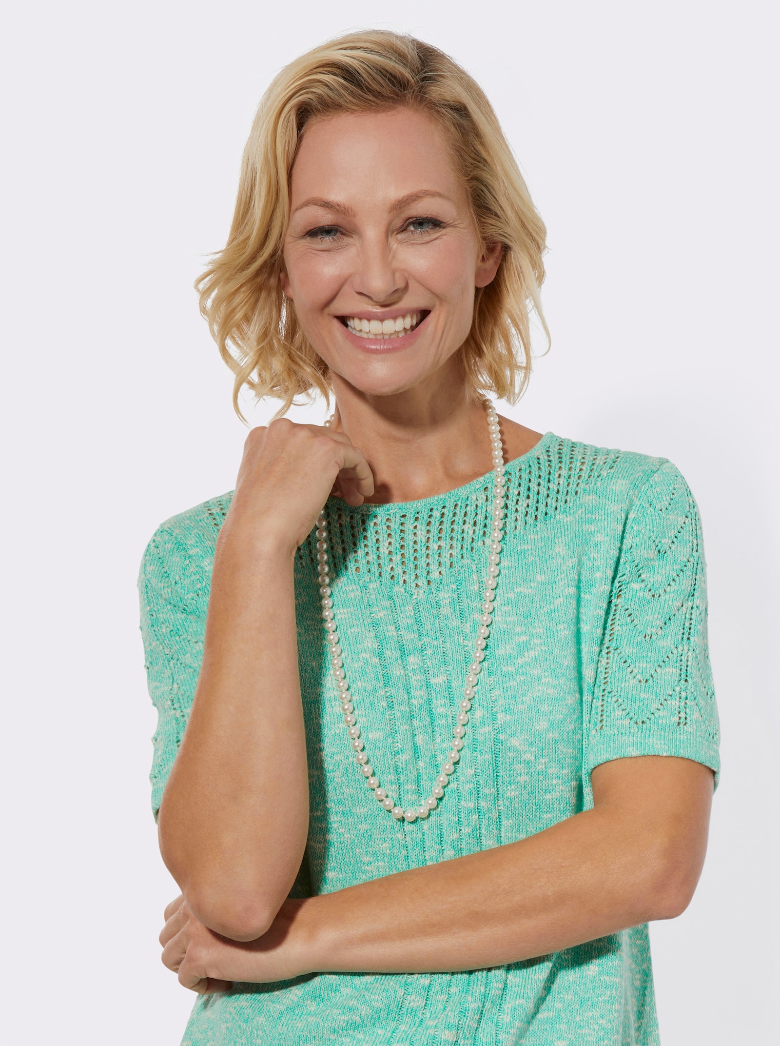 Ajourpullover in leichter Qualität - blaugrün-ecru-meliert