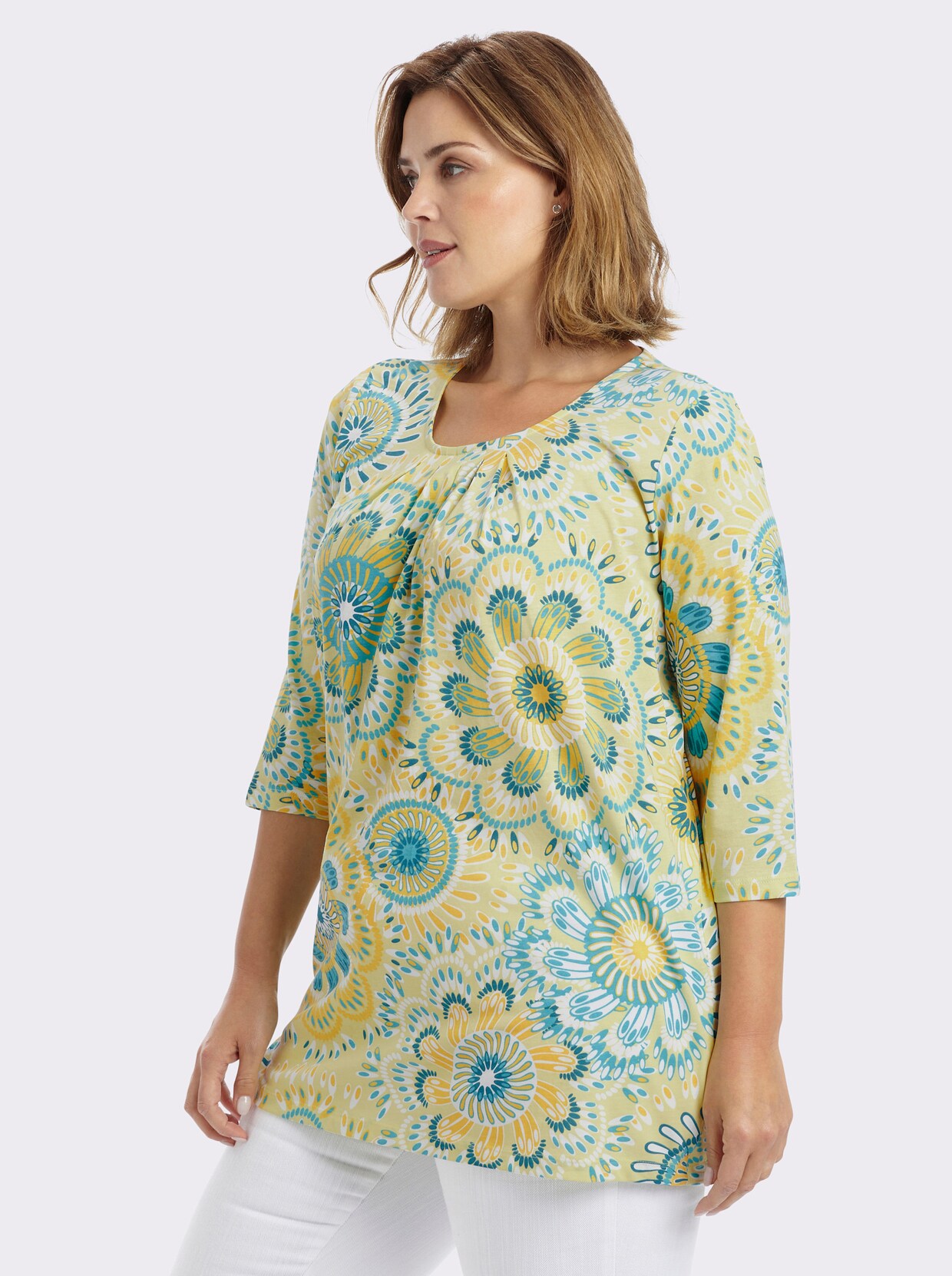 Longshirt in leichter A-Linie - pistazie-türkis-bedruckt