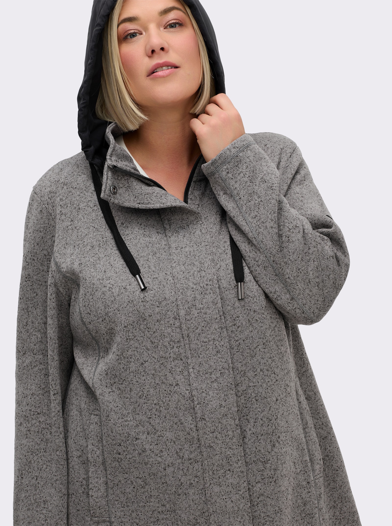 sheego Strickfleecejacke mit Kapuze - anthrazit-meliert