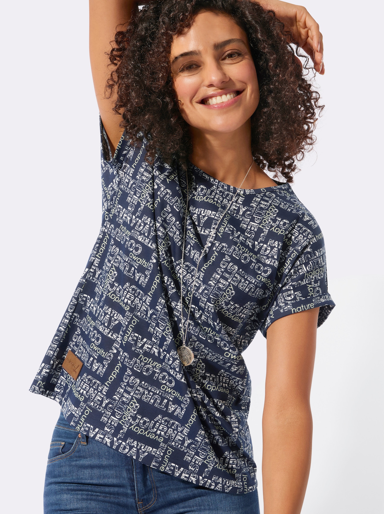 Print-Shirt mit überschnittenen Schultern - marine-ecru-bedruckt