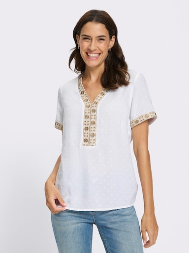 Kurzarm-Bluse mit eingewebten Pünktchen - ecru