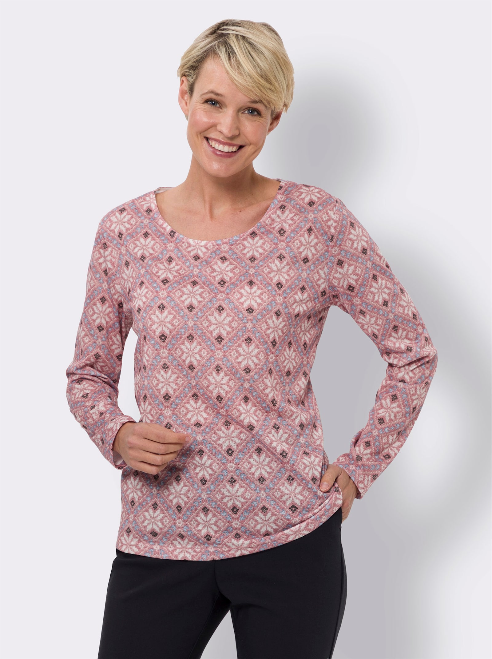 Shirt met lange mouwen en Noors patroon - rozenhout/ecru bedrukt