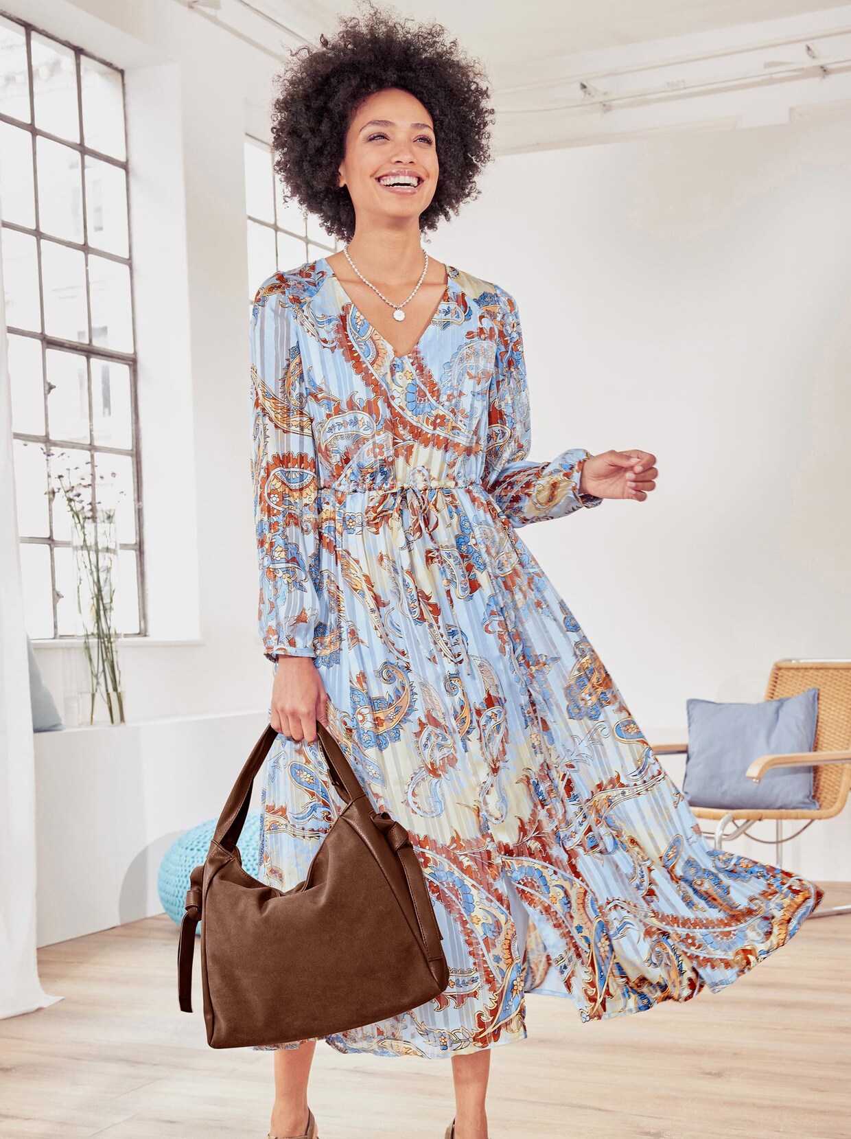 Linea Tesini Druck-Kleid - eisblau-rotbraun-bedruckt