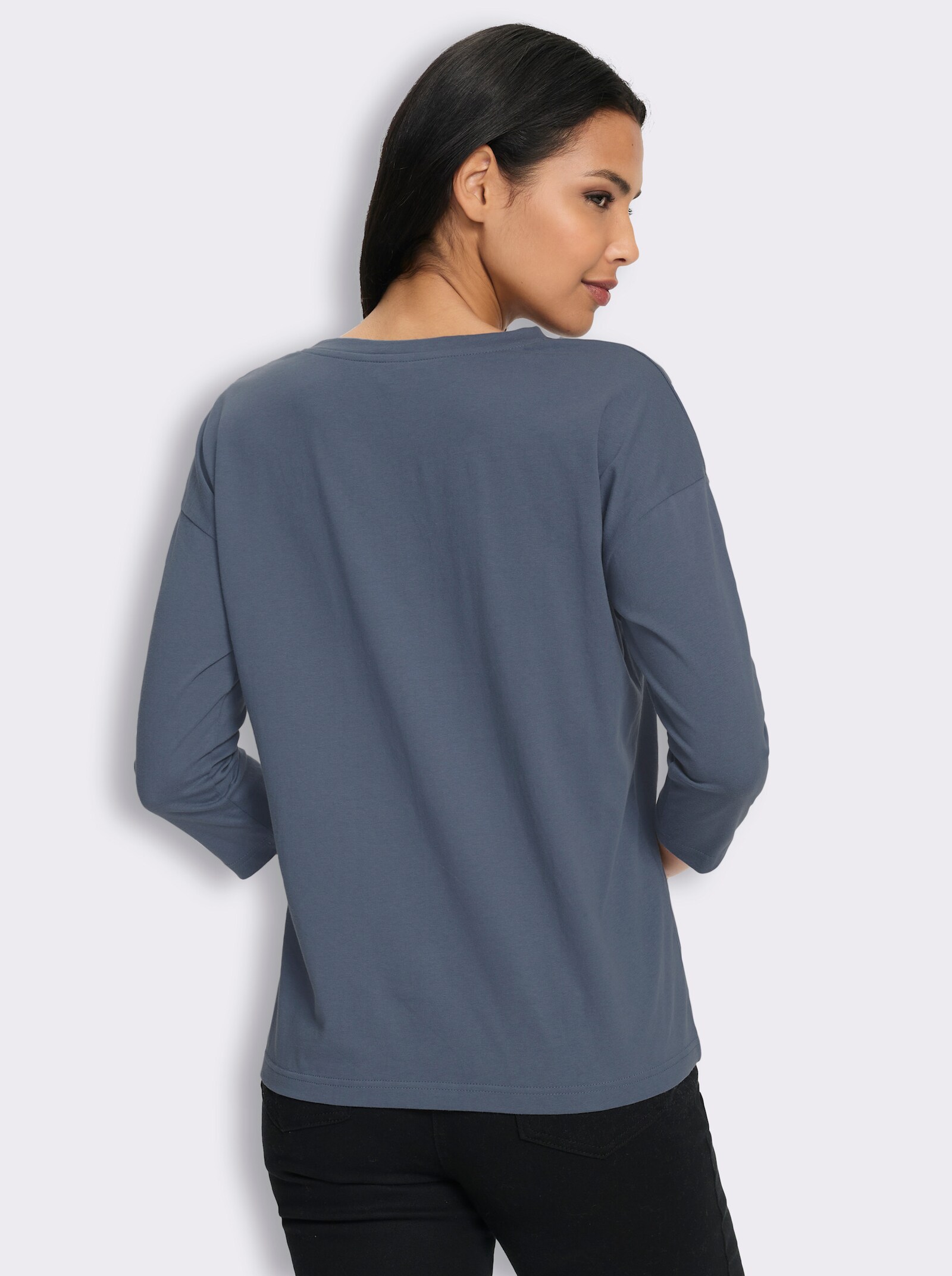 3/4-Arm-Shirt mit Schriftzug im Vorderteil - rauchblau-schwarz