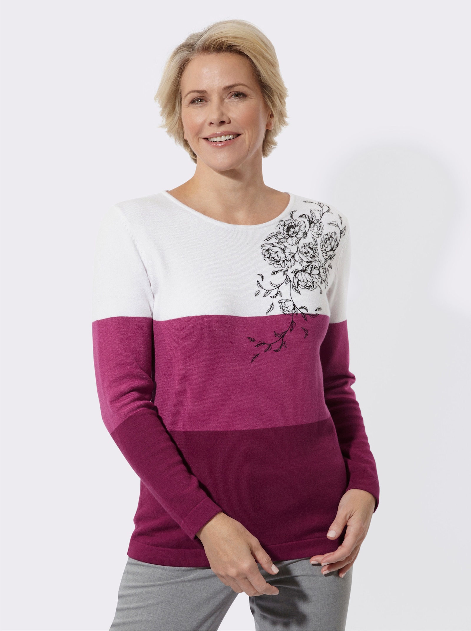 Langarm-Pullover mit platziertem Druck - malve-ecru-gemustert