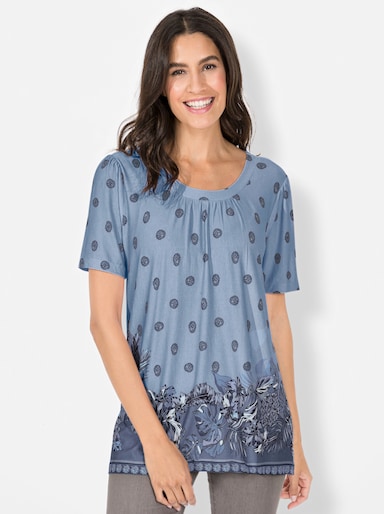 Tunikashirt mit Raffung am Ausschnitt - hellblau-bedruckt
