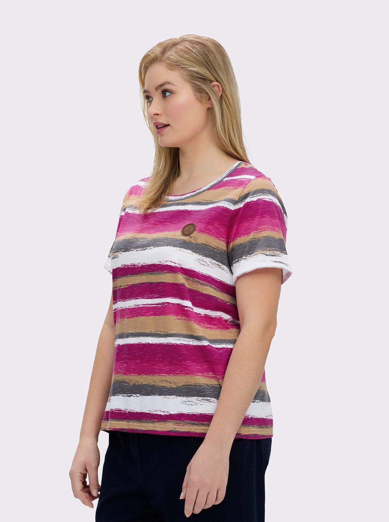 Streifenshirt mit Lederimitat-Details - magenta-camel-bedruckt