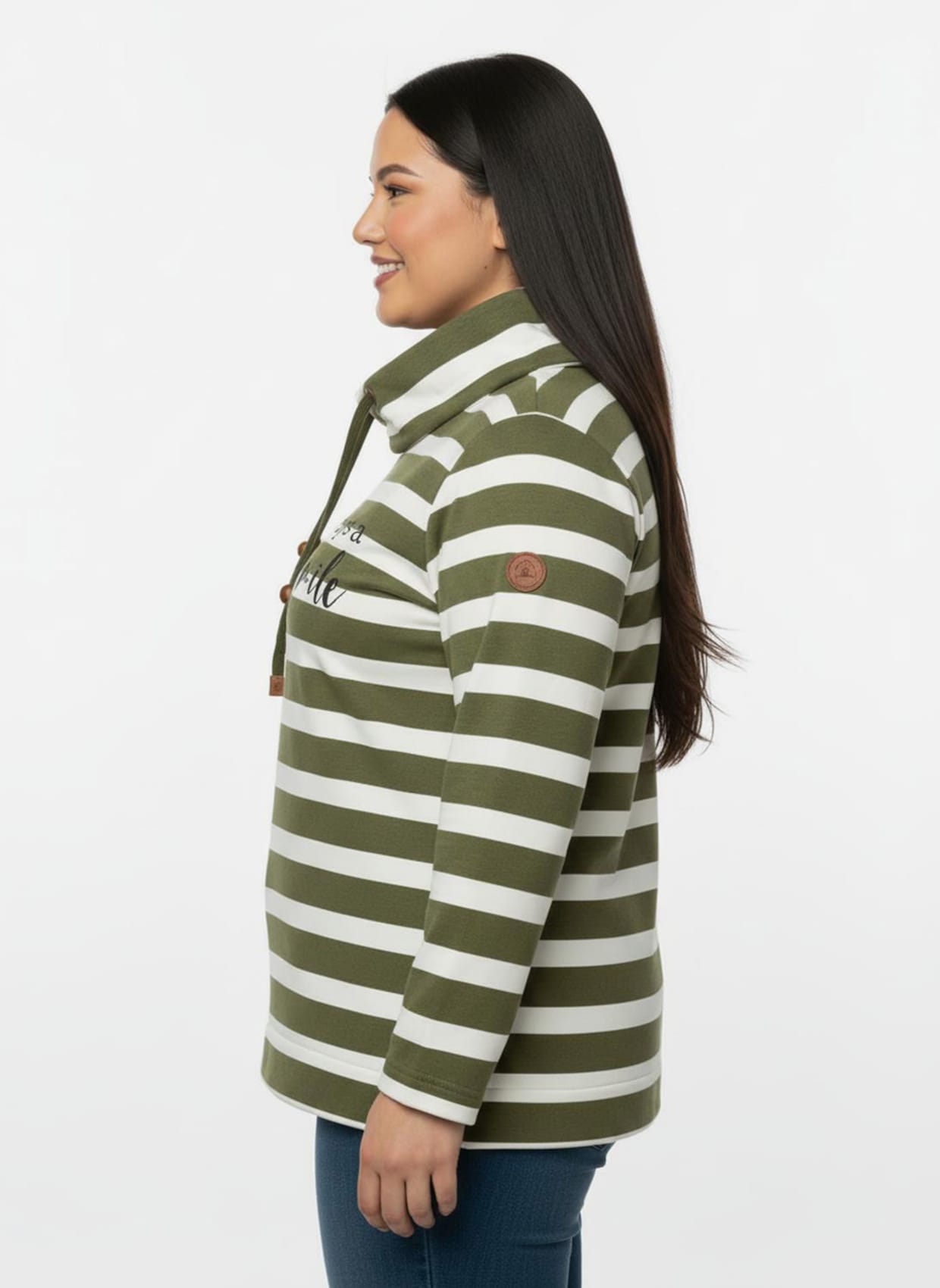 Sweatshirt mit elastischem Saum - oliv-ecru-geringelt