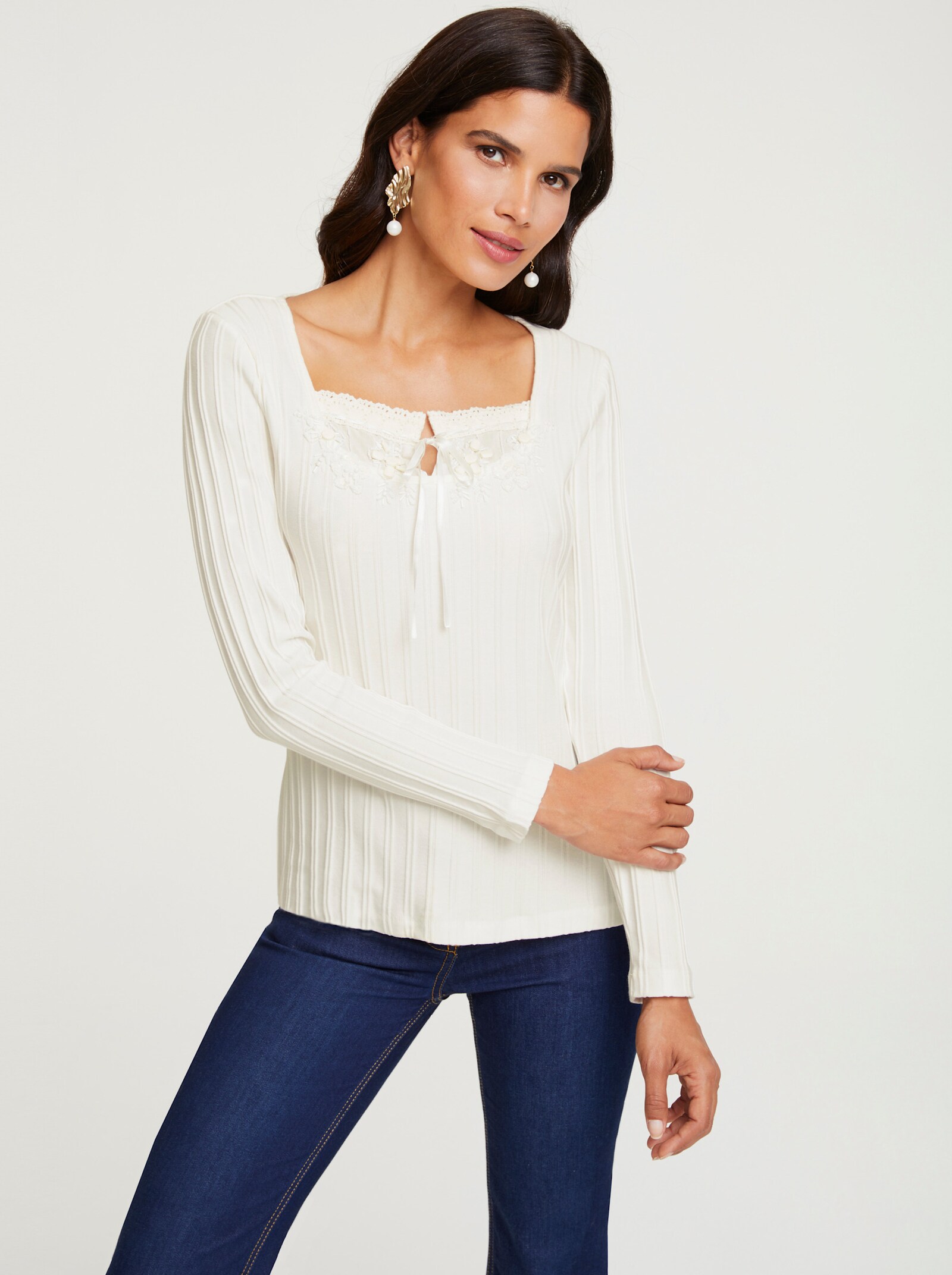 heine T-shirt à manches longues avec empiècement en crochet - écru