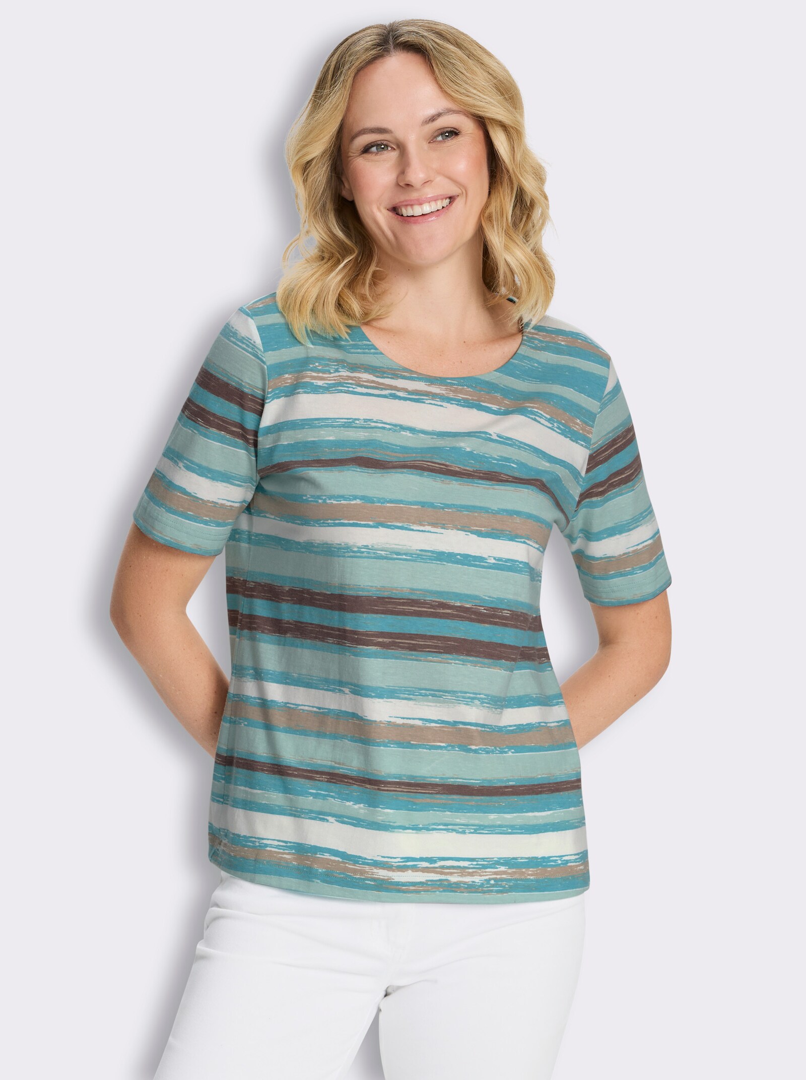 Kurzarmshirt mit verwischtem Streifenmuster - ozean-bedruckt