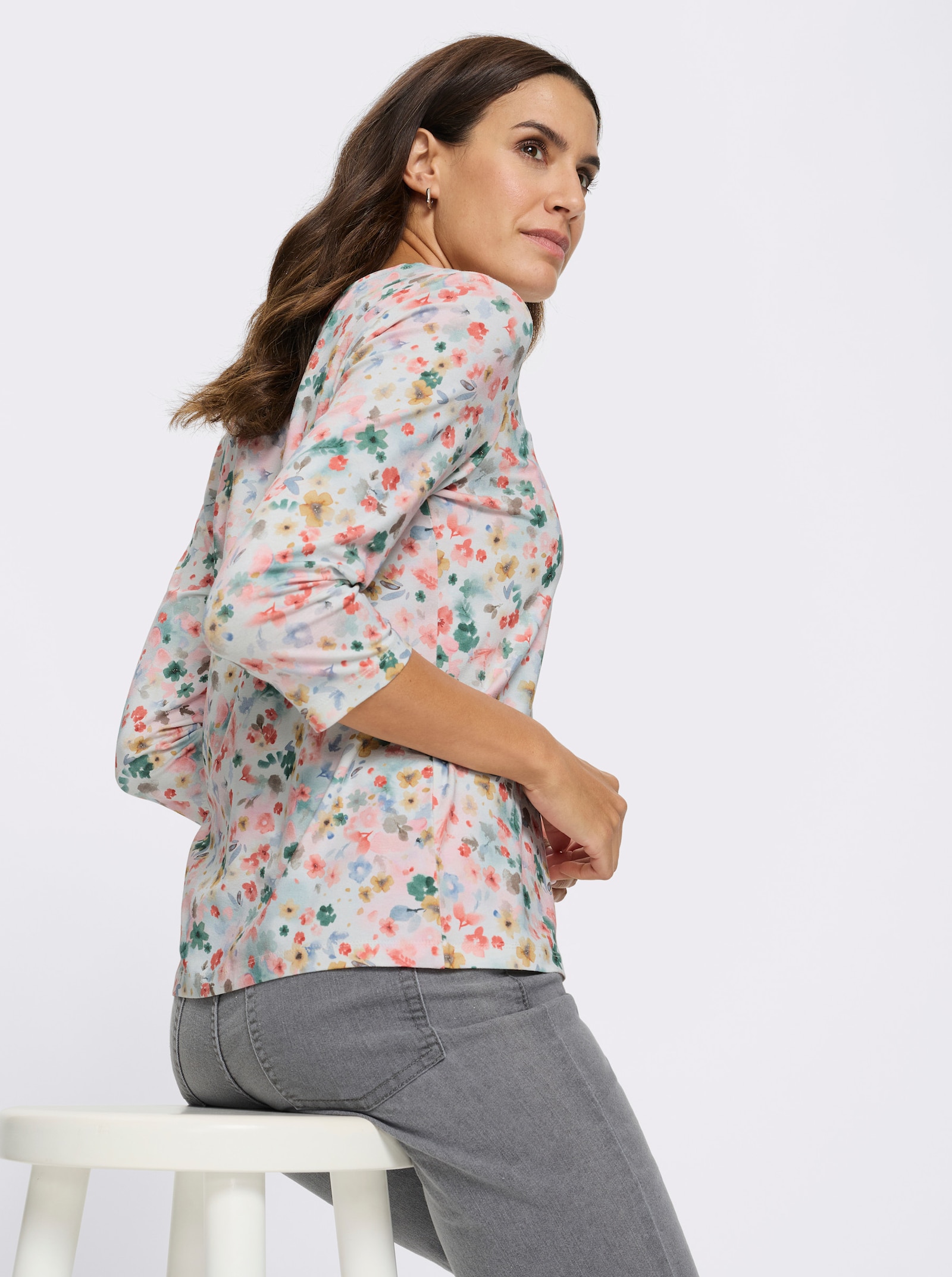 Tričko, 3/4 rukávy, kvetový vzor - Svetlobéžovo-plameniaková potlač