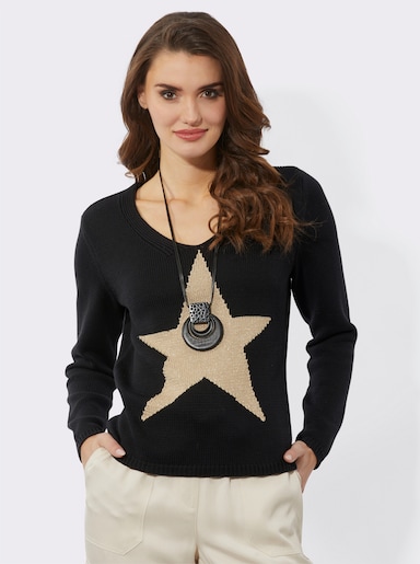 Langarm-Pullover mit Glitzerstern - schwarz-beige