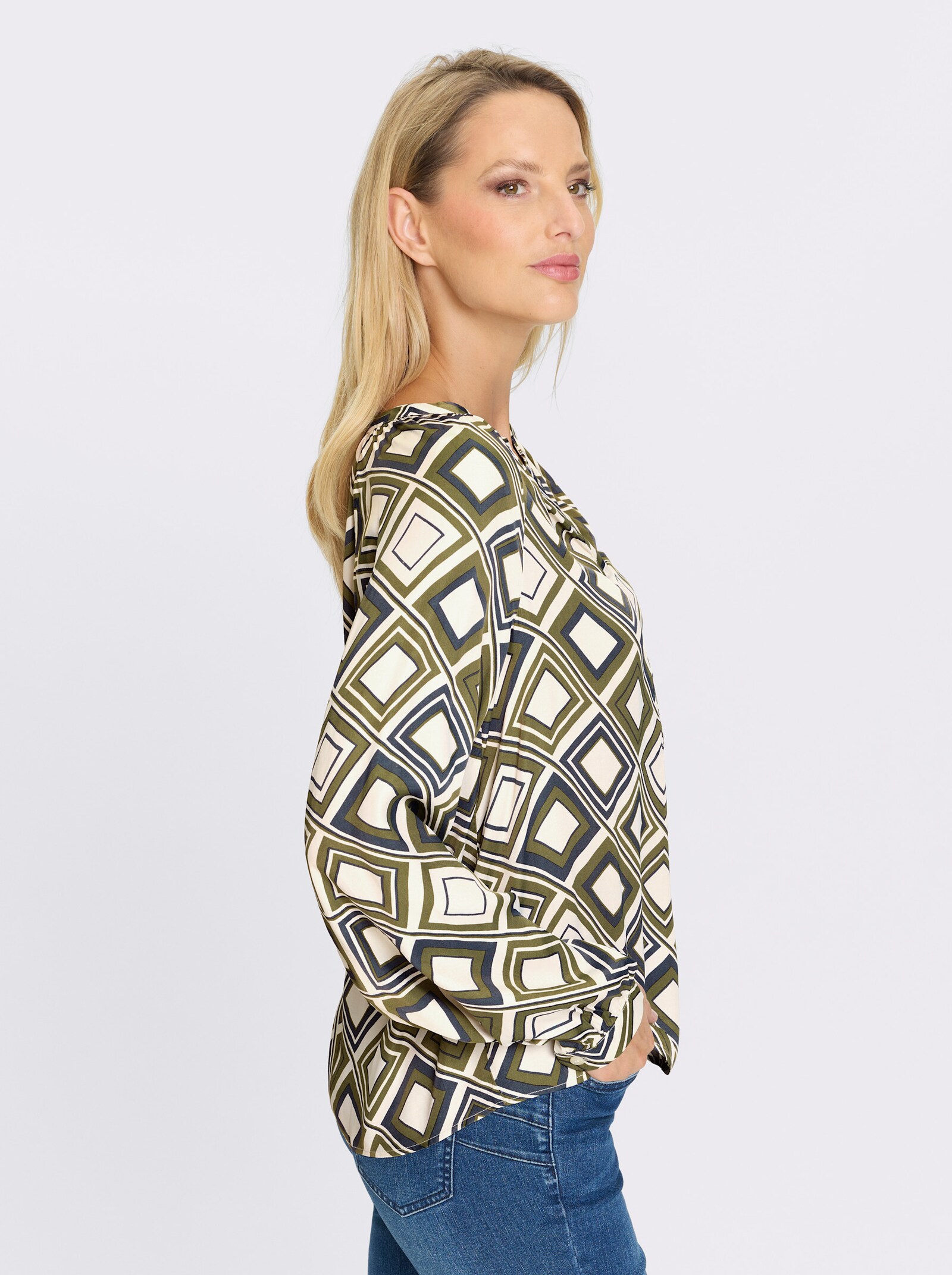 heine Druckbluse zum Überziehen - khaki-champagner-bedruckt