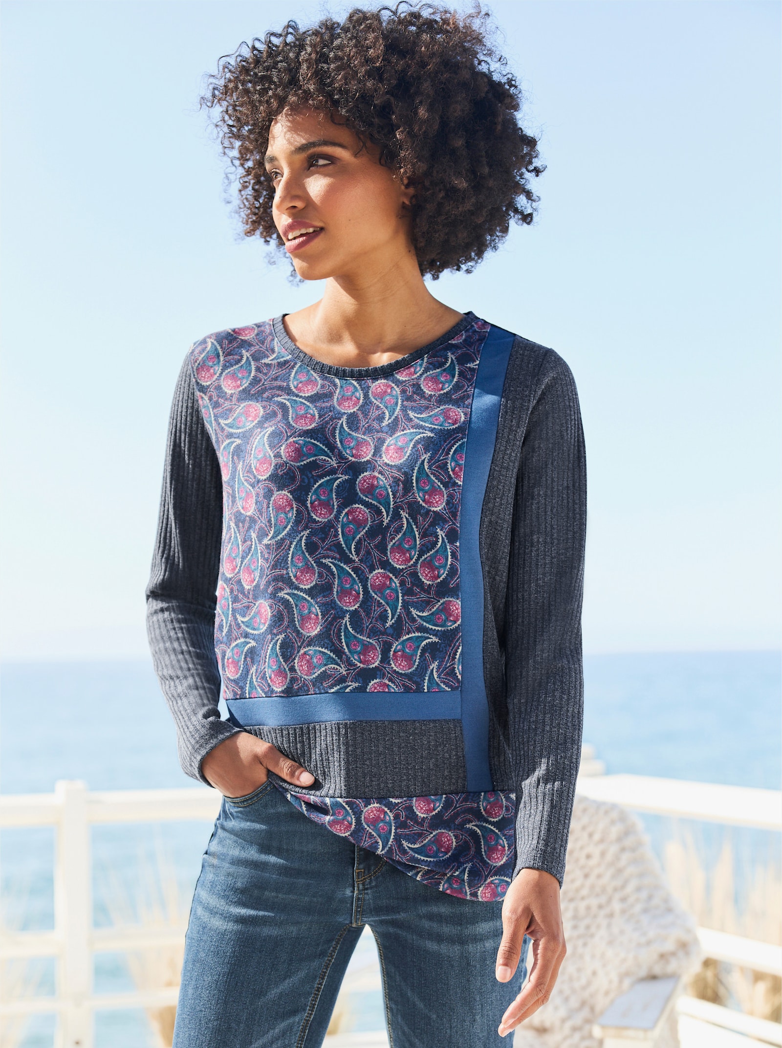 heine Shirt met lange mouwen in patchlook voor - donkerblauw/roze bedrukt