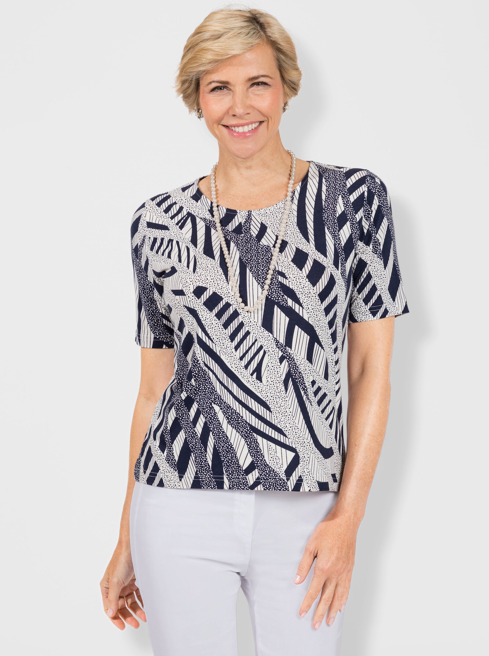 Rundhalsshirt in diagonalem Druck - marine-ecru-bedruckt