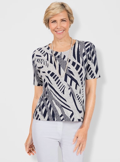 Rundhalsshirt in diagonalem Druck - marine-ecru-bedruckt
