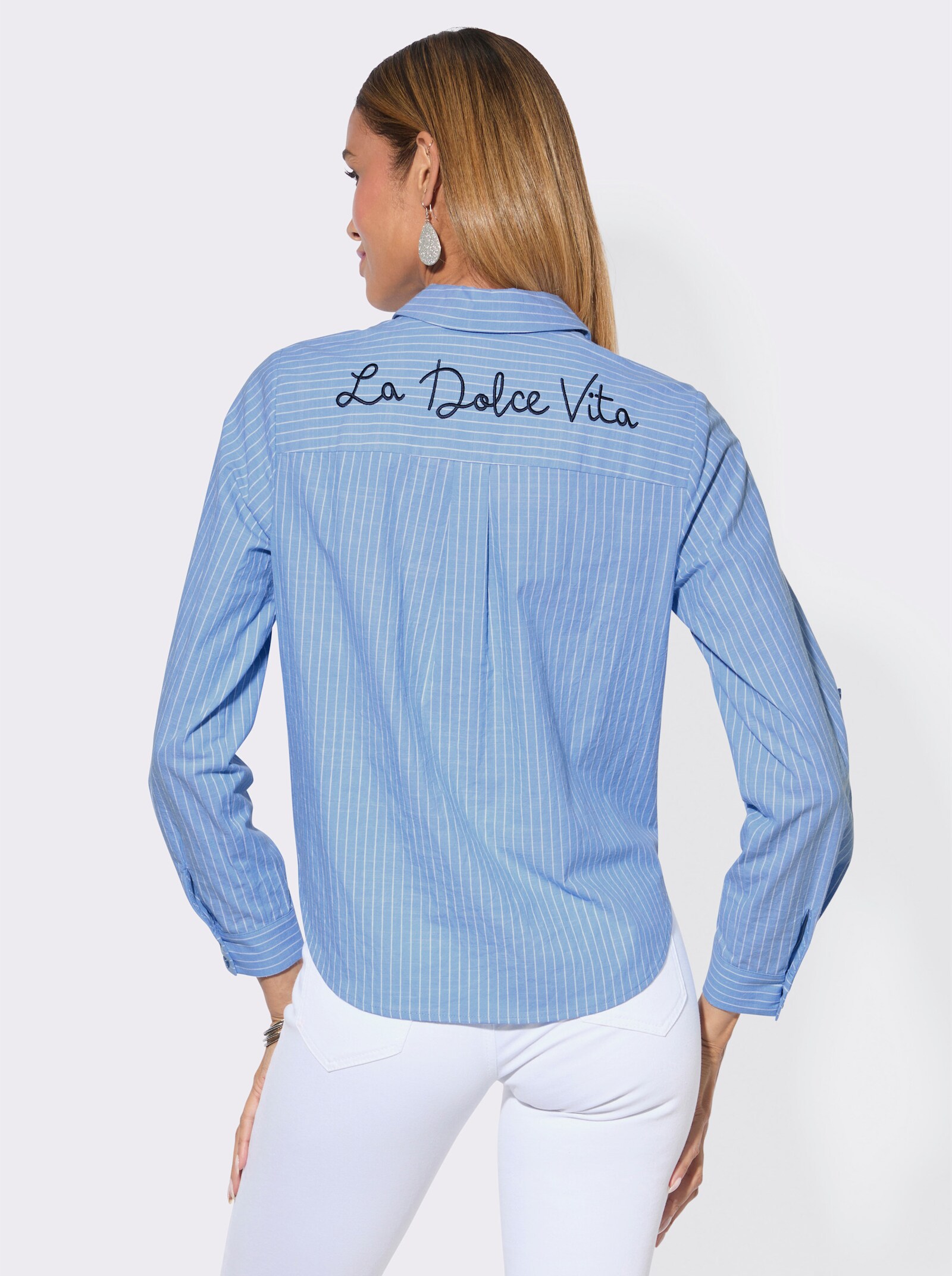Hemdbluse mit Falte hinten - himmelblau-ecru-gestreift