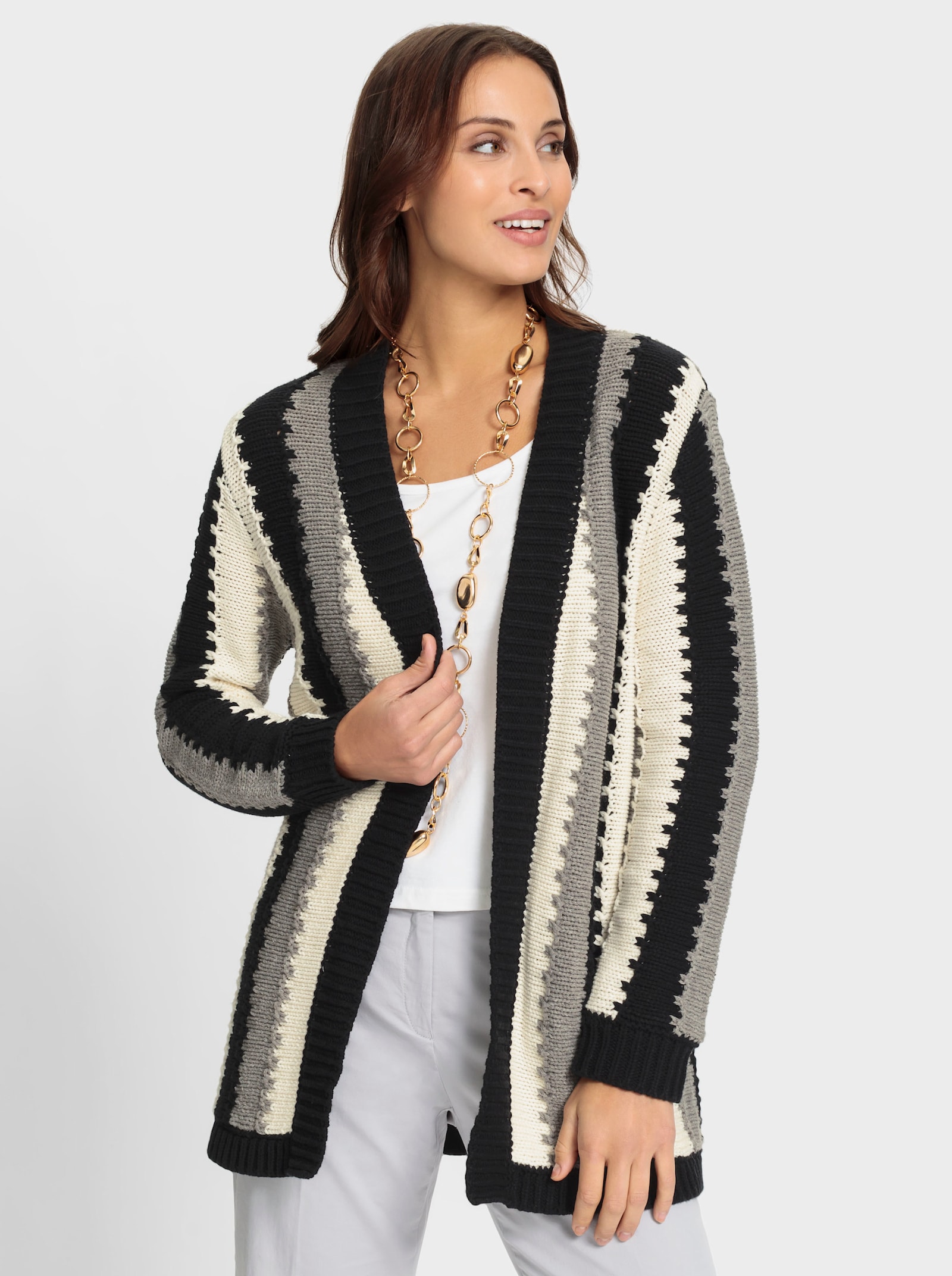Longstrickjacke mit Längsstreifen-Muster - schwarz-champagner-gemustert