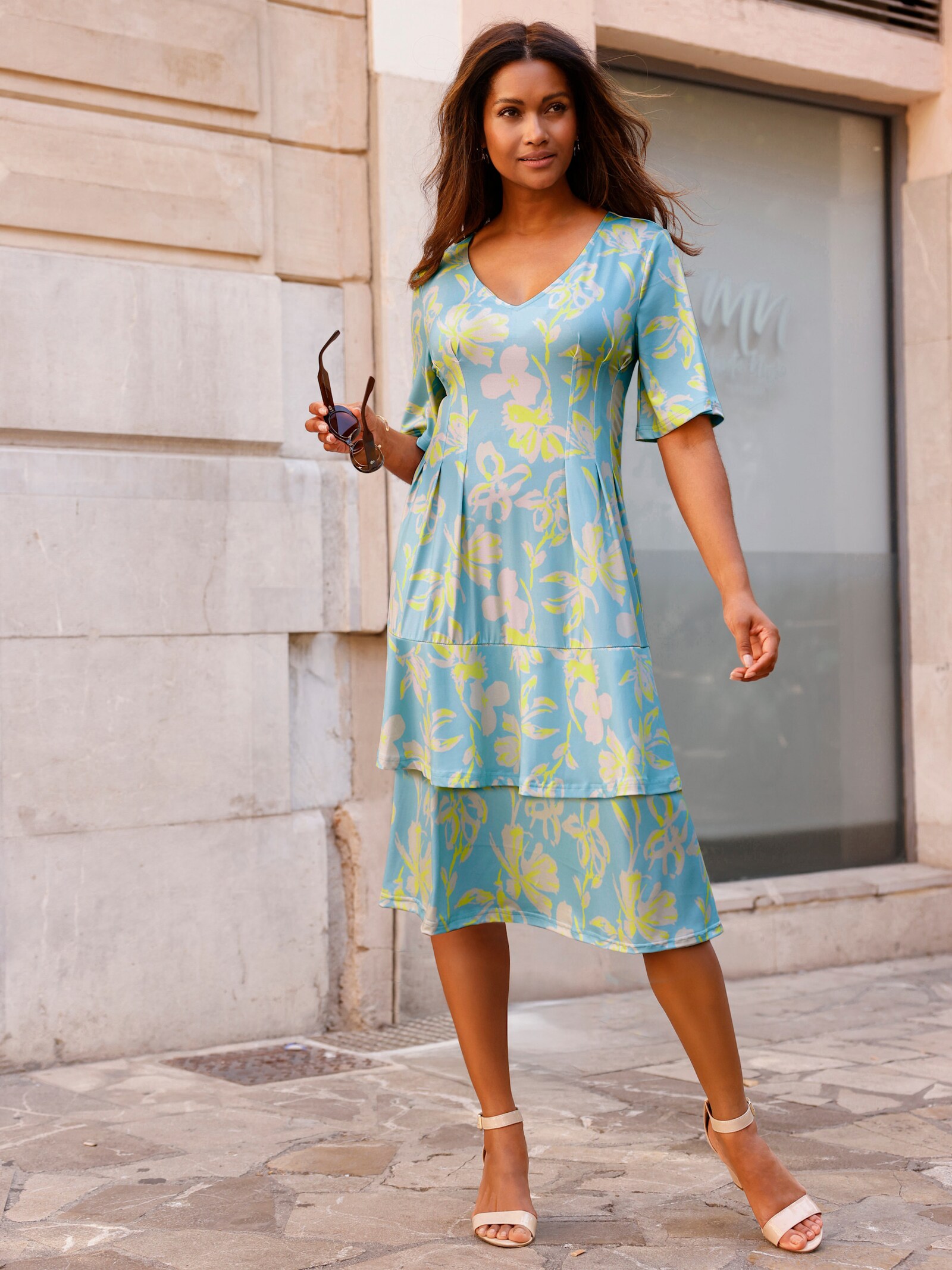 Jerseykleid mit Volants - mint-limone-bedruckt