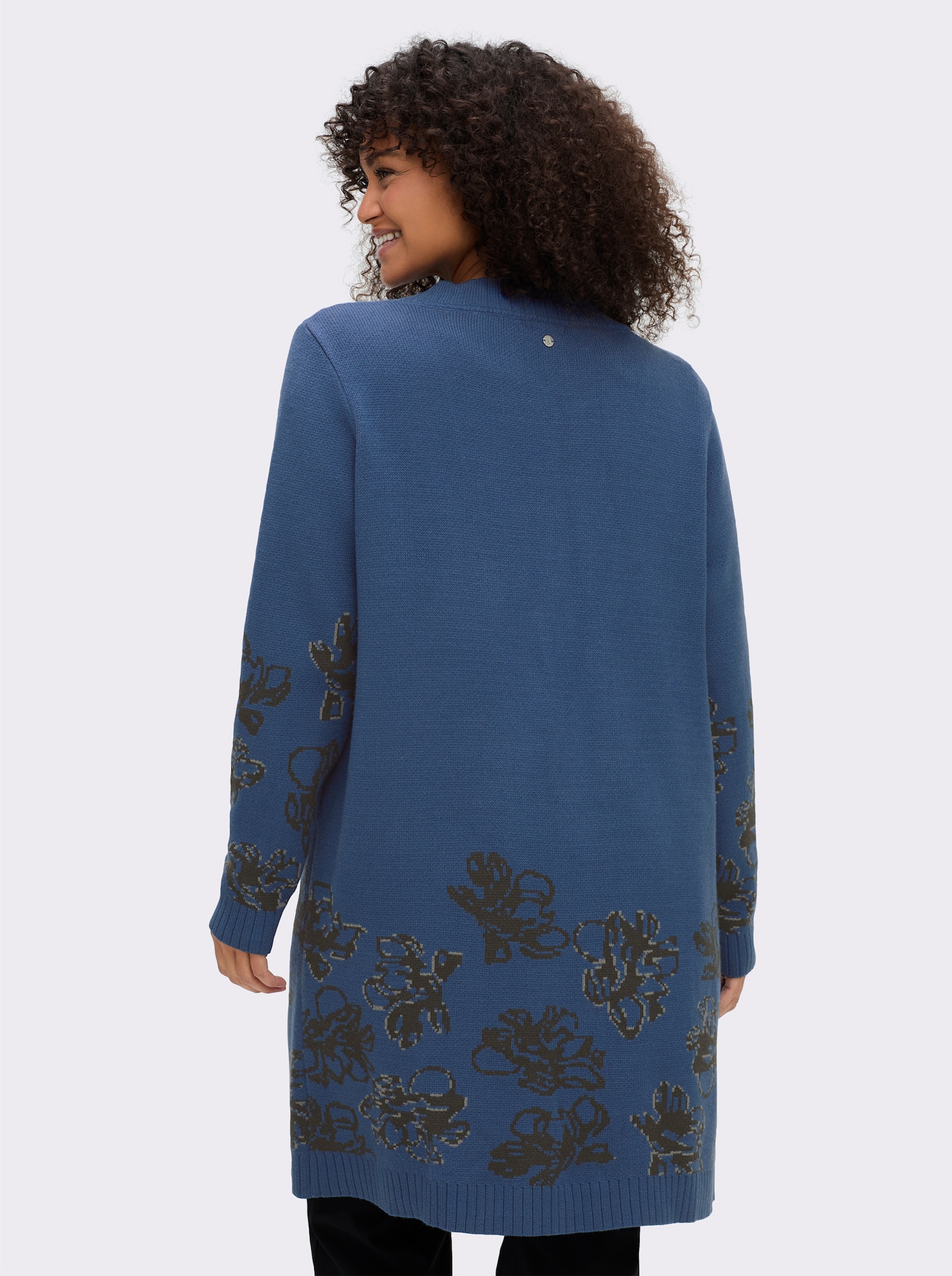 sheego Jacquardstrickjacke mit Blütenmuster - jeansblau-graphit-gemustert