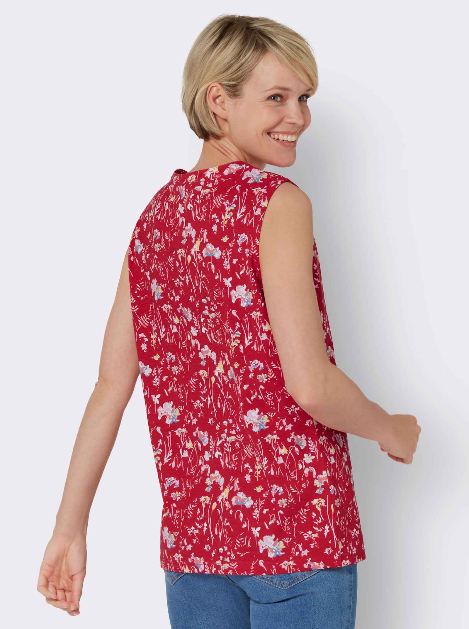 Shirttop mit Rundhals-Ausschnitt - rot-taubenblau-bedruckt