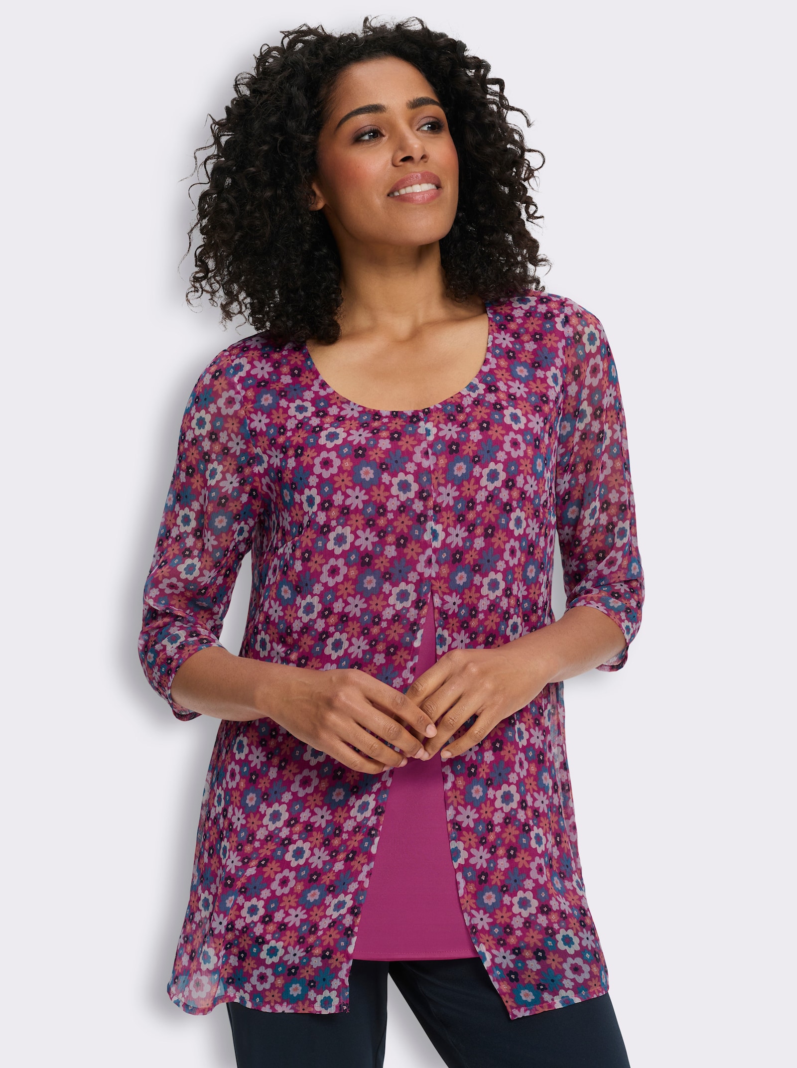 Longbluse in 2-in-1-Optik, obere Lage transparent - magenta-topas-bedruckt
