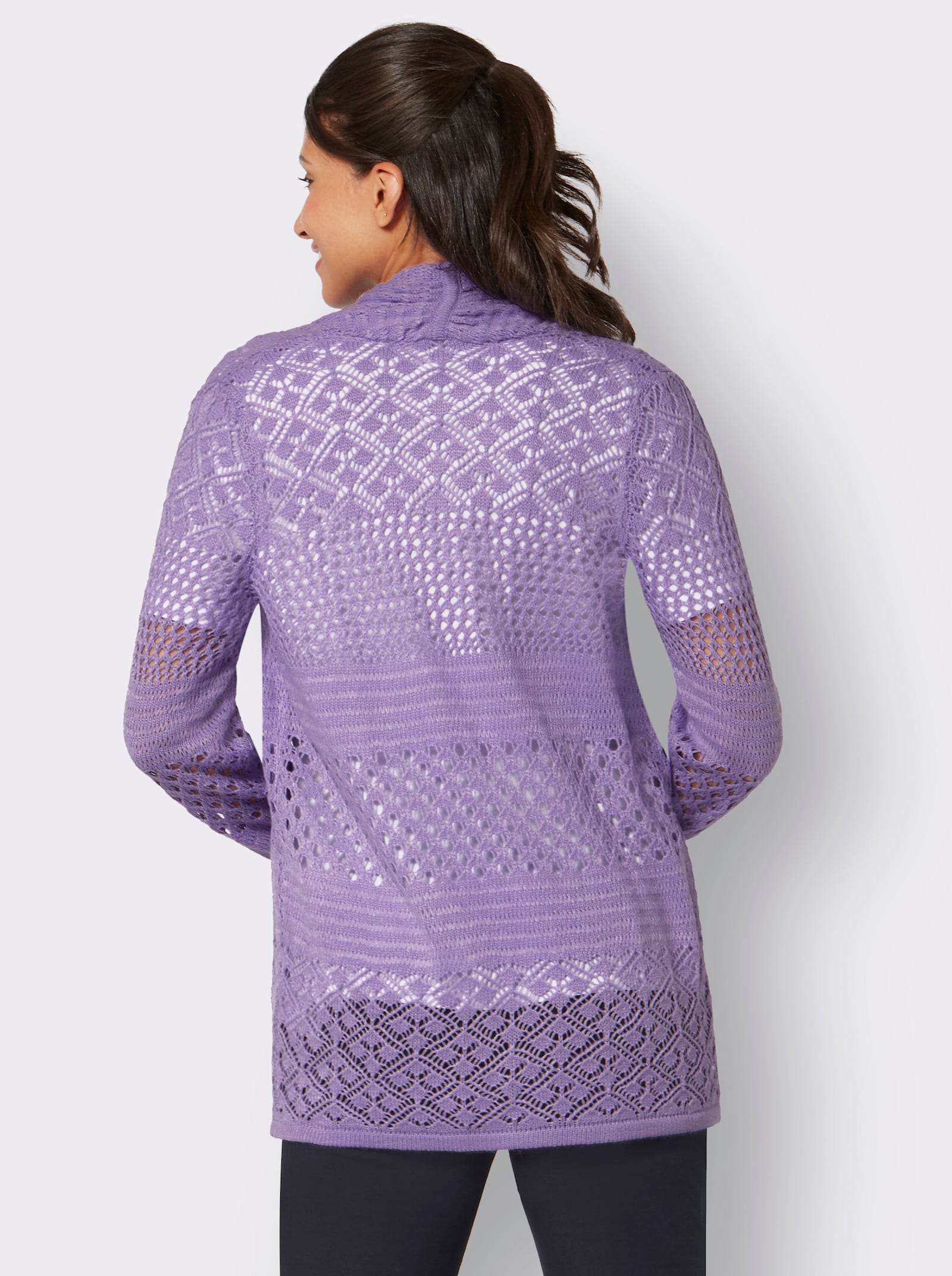 Hålstickad kofta i lång, öppen modell - lavendel