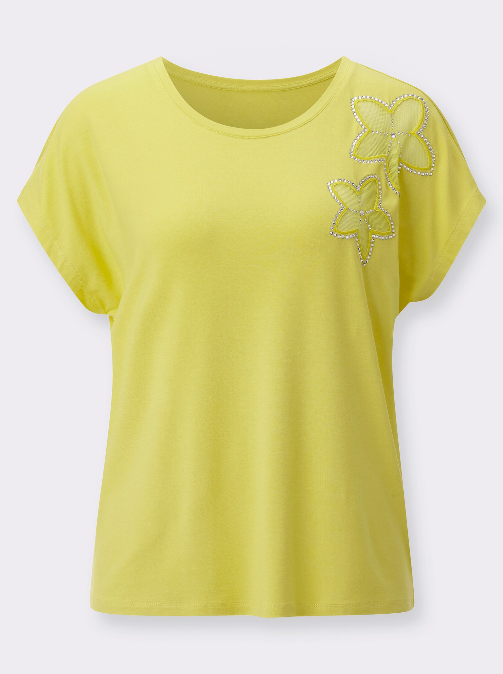 Kurzarmshirt mit schimmernden Ziersteinchen - limone