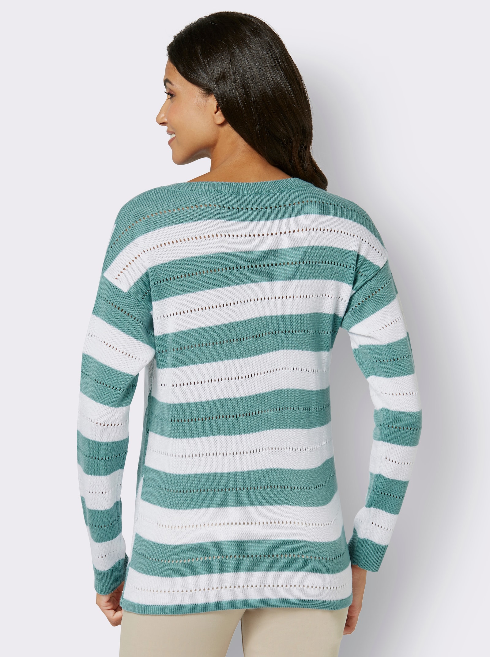 Pullover met V-hals en ajourpatroon - salie gedessineerd