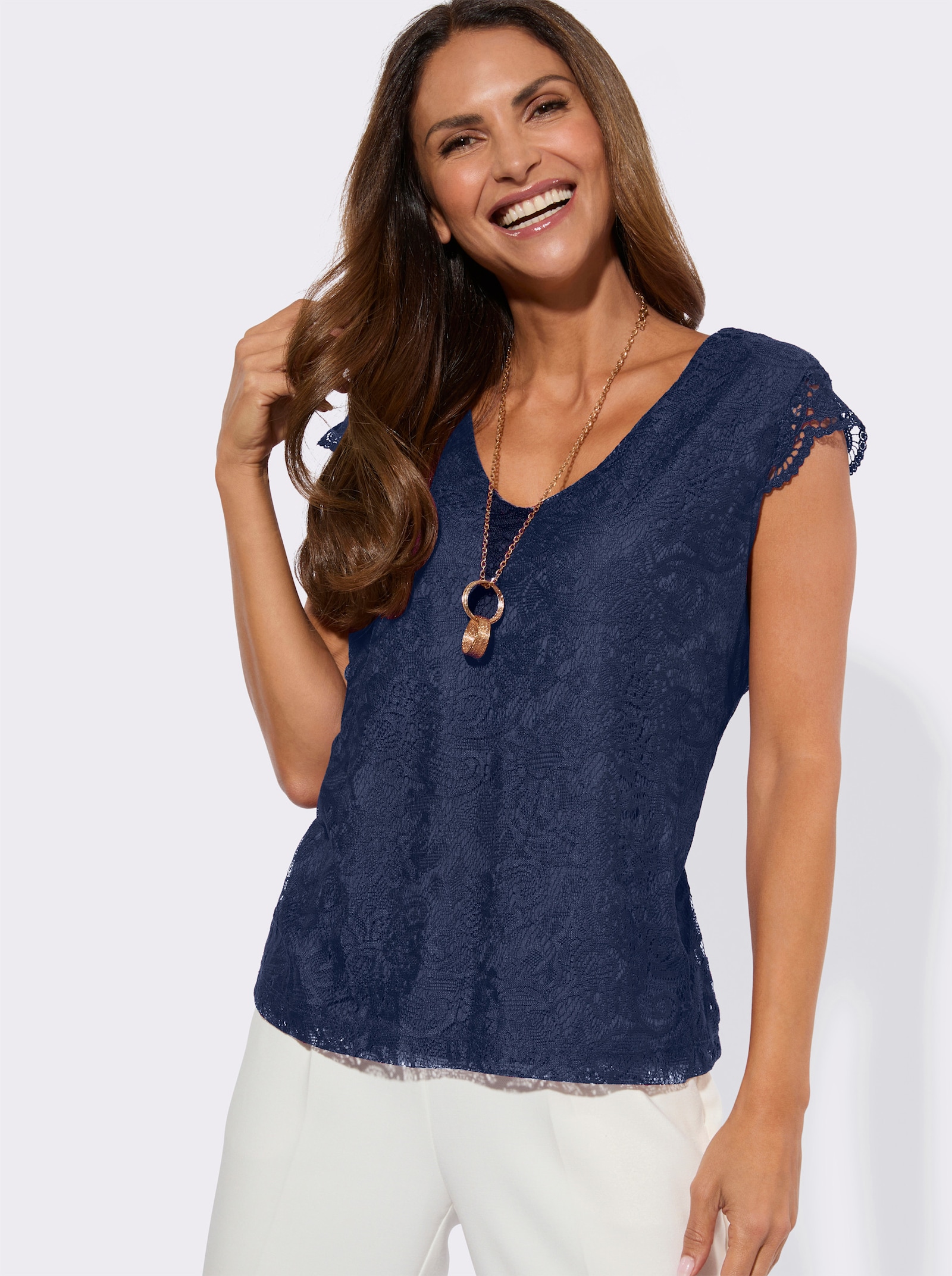 Spitzenshirt mit Viskose-Futter - marine